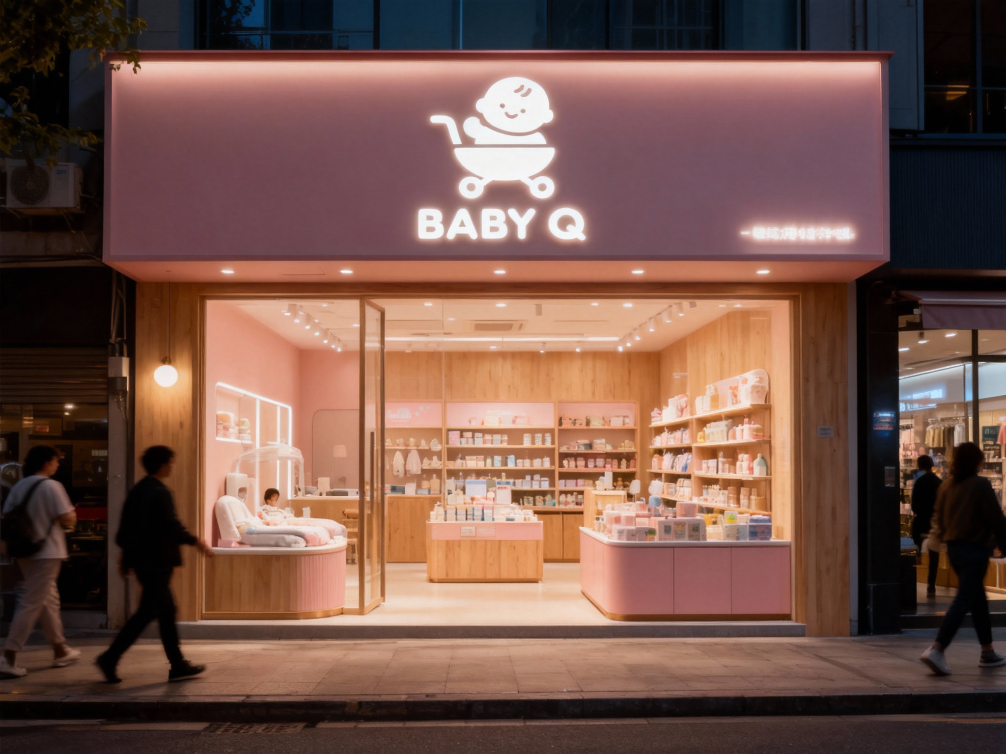 设计夜景门头及灯箱效果图，（将参考图中的LOGO）光亮温暖，母婴店的内部场景，上方有发光的（将参考图中的LOGO）标识，下方是婴儿护理区域和展示柜，柜台上有商品陈列，整体装修风格运用原木色搭配柔和粉色材质现代，灯光温暖 ，街区环境和路人自然呈现。