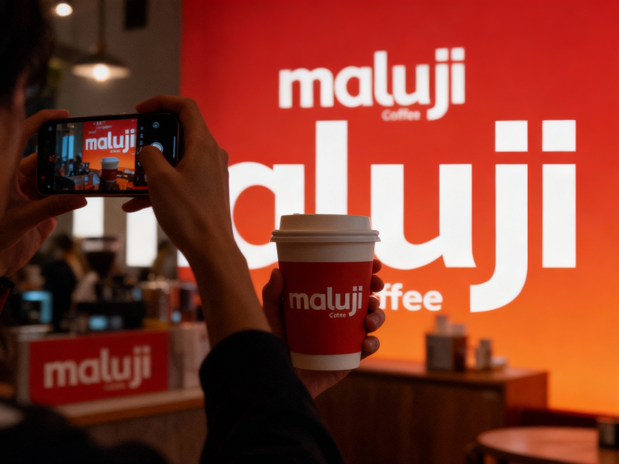 设计社交分享场景图，顾客手持带有（将参考图中的LOGO）的咖啡拍照，咖啡厅场景中（将参考图中的LOGO）融入装修或物件，场景抓拍，独特的拍摄角度，非对称，动态模糊，低光环境，意境，自然色彩，丰富层次感，细腻画质，真实，光影变幻，虚化柔和过渡，胶片质感，电影质感，大师作品，光影自然，突出品牌时尚感和年轻气质，背景为红色或橙色渐变。