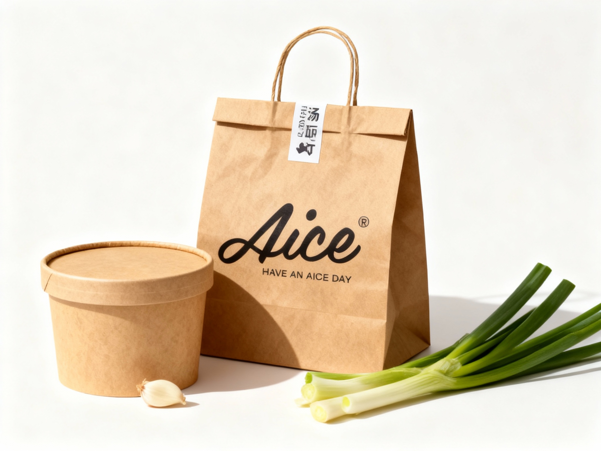 现代面馆外卖包装展示。包含：环保牛皮纸汤桶、手提纸袋、封口贴。包装设计简约，（智能提取参考图中的LOGO主体并去除原背景）以醒目的黑色或品牌色印在包装正中央。旁边摆放着几颗新鲜的蒜瓣或葱段作为点缀。自然光侧拍，突出纸张的环保纹理和品牌视觉的统一性.