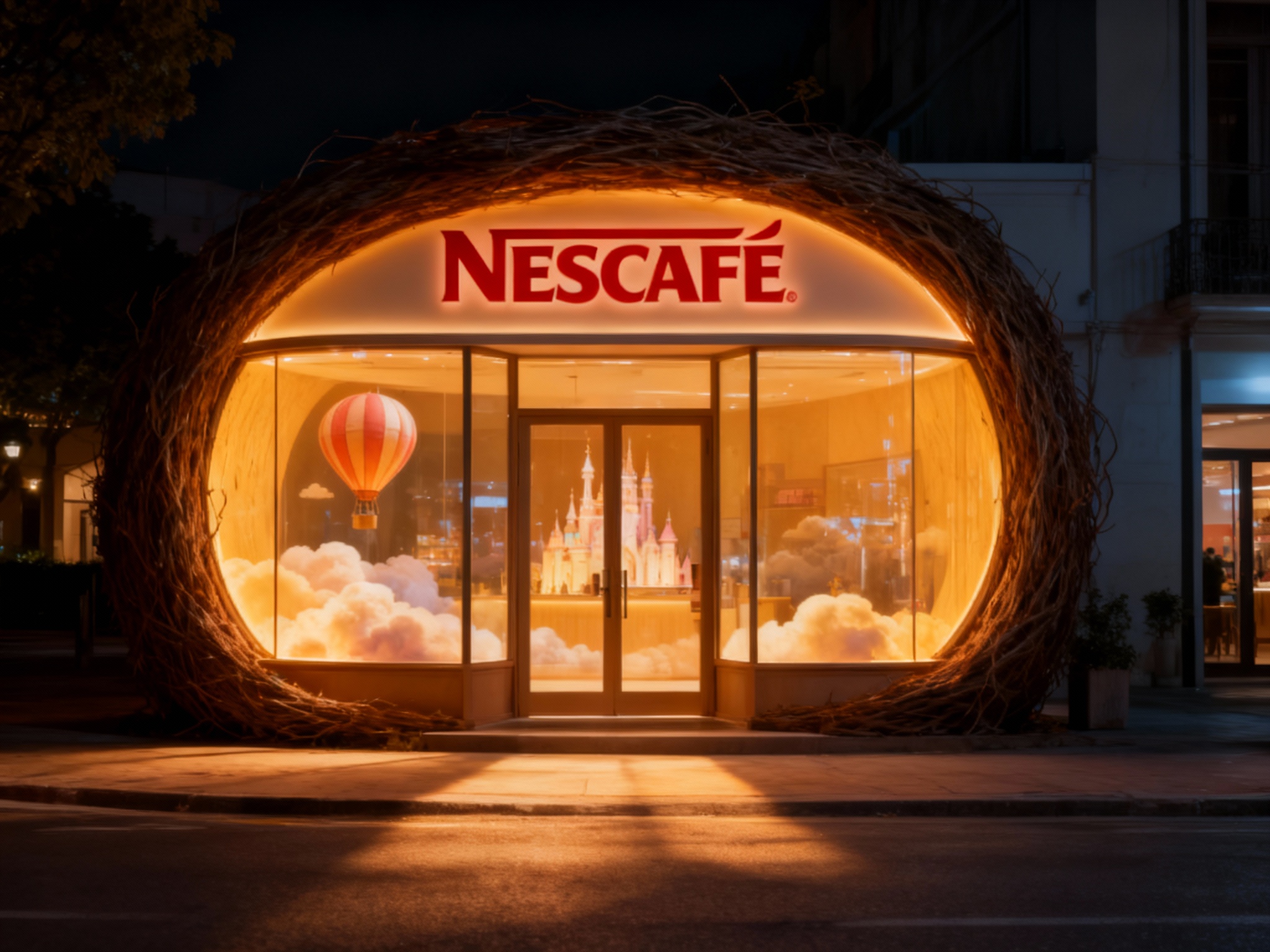 设计夜景门头及橱窗效果图。店铺像一个发光的温暖巢穴，柔和的暖黄光透过圆弧形的玻璃溢出街道。橱窗内是梦幻的场景设计（如热气球或云端城堡）。（智能提取参考图中的LOGO主体并去除原背景）在门头发出柔和不刺眼的背光。整体氛围静谧而温馨，给夜晚的街道带来安全感。