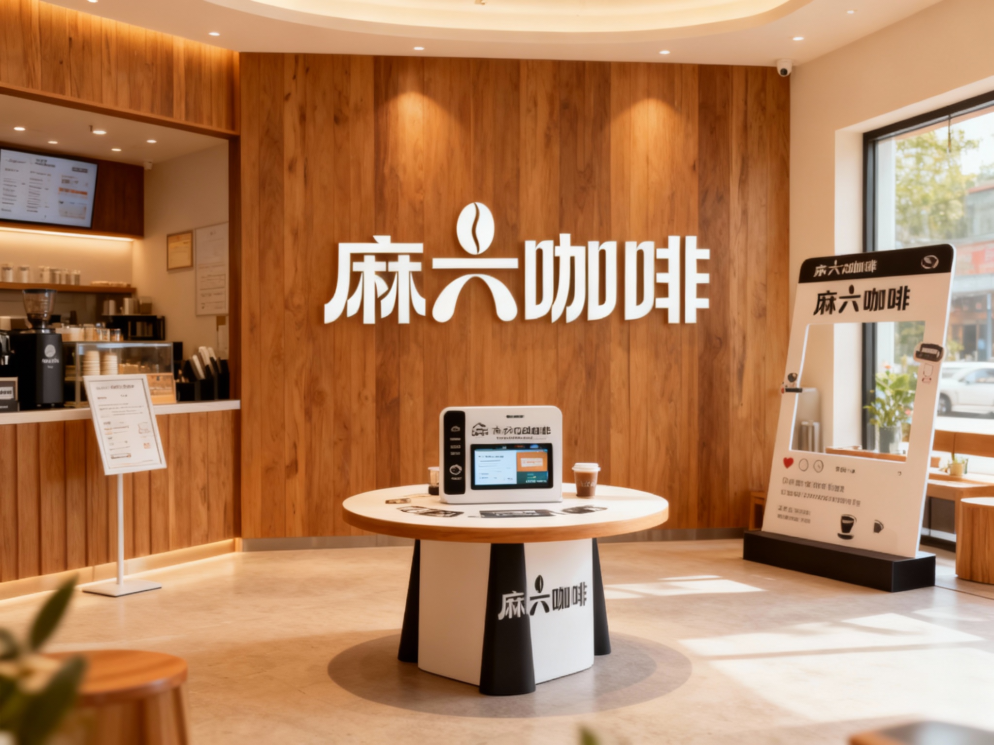 生成品牌体验区或小型咖啡桌场景，展示品牌互动装置或店内拍照打卡点，（将参考图中的LOGO及品牌色配色）融入场景装修或物件，环境温馨有质感，光线自然通透。