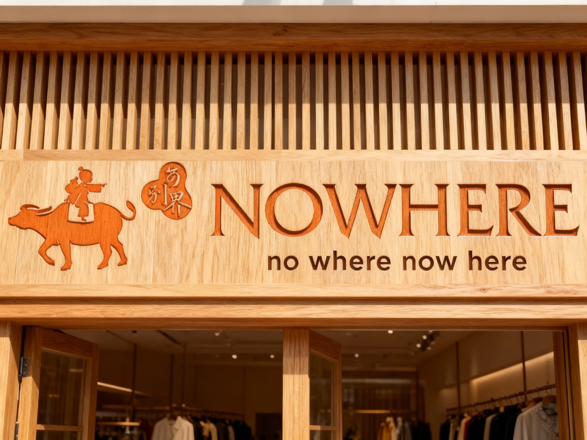 木质格栅门头特写，进口白蜡木格栅经哑光清漆处理，无缝拼接成型，底板无毛刺或钉痕，LOGO以激光雕刻+橙色填充工艺呈现，表面光滑无凸起，白天自然光照射，木纹肌理清晰，适配高端家居/服饰门店