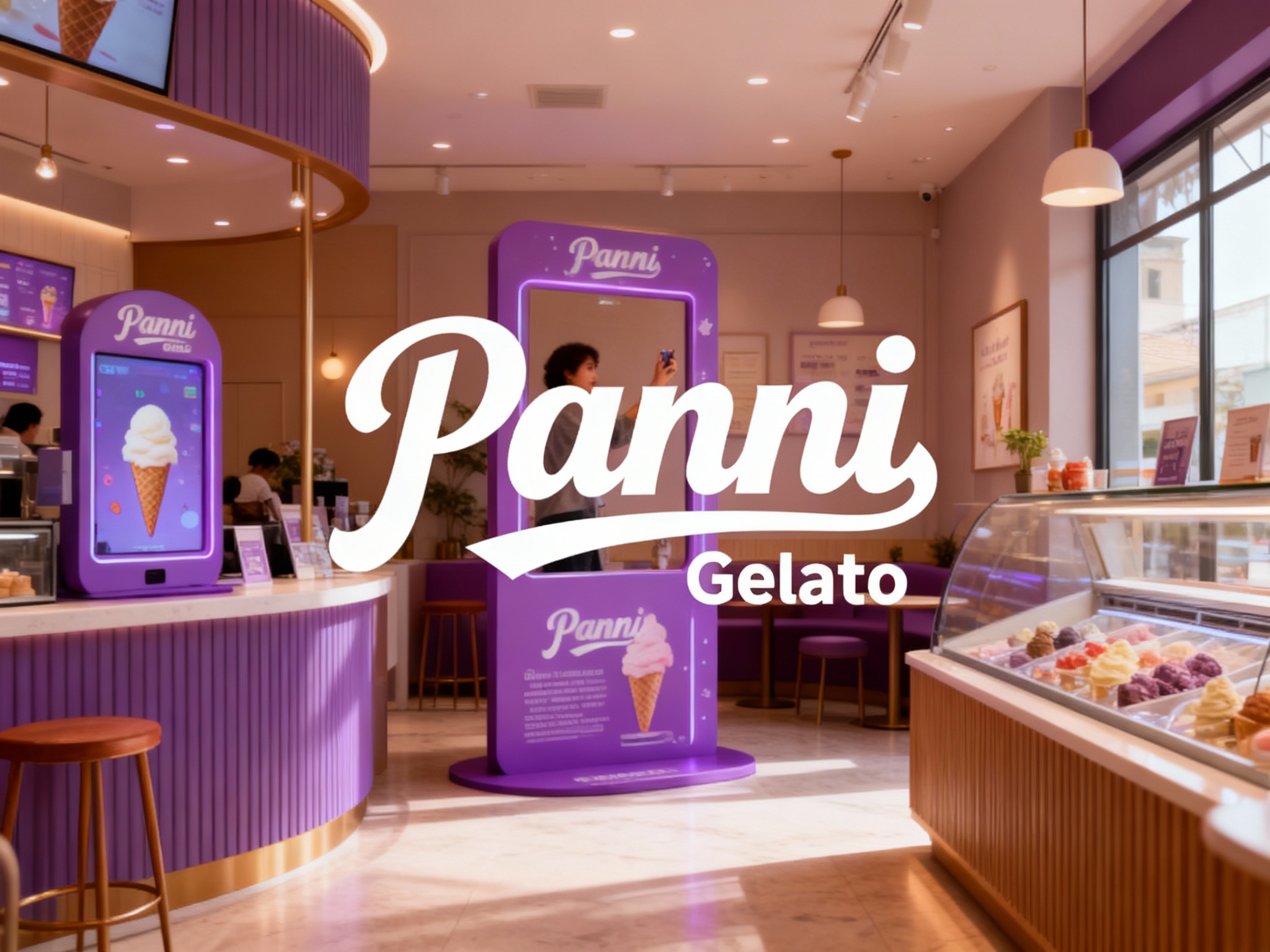 生成品牌体验区或冰淇淋店铺场景，展示品牌互动装置或店内拍照打卡点，（将参考图中的LOGO及主色 #紫色 ）融入场景装修或物件，环境温馨有质感，光线自然通透。