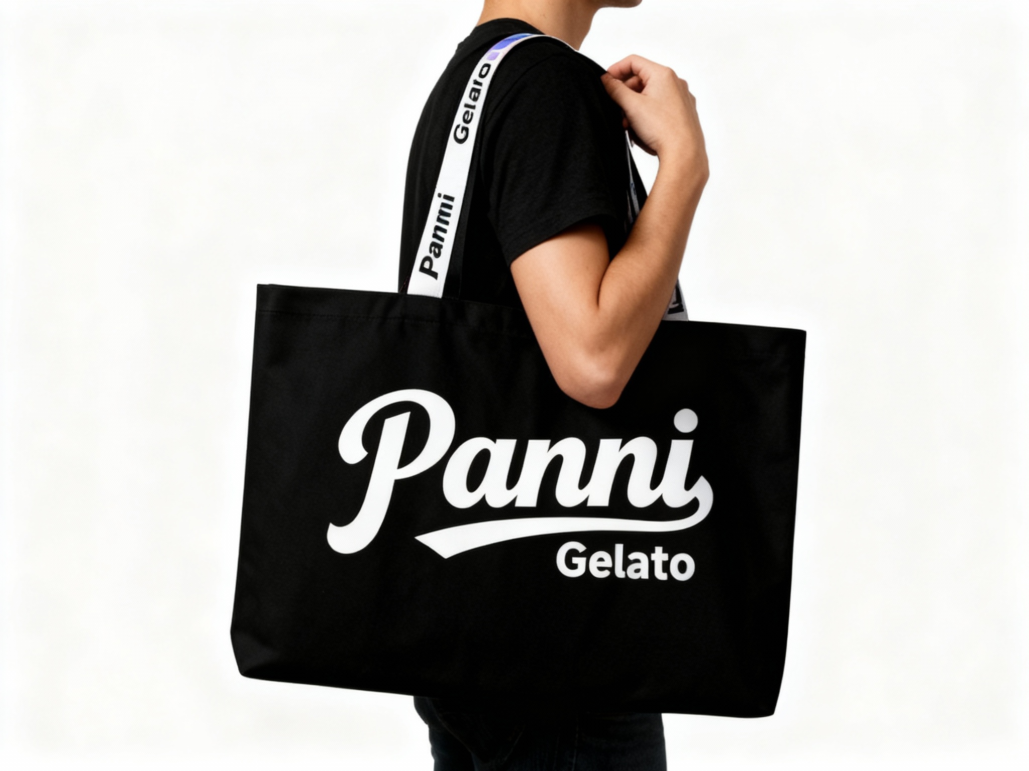  一个人背着黑色手提袋，品牌主色肩带点缀（将参考图中的LOGO保持一致性不要变形）在手提袋上清晰可见，营造时尚、有品牌标识性的氛围，可展示潮流品牌的手提袋设计及实际使用效果 。