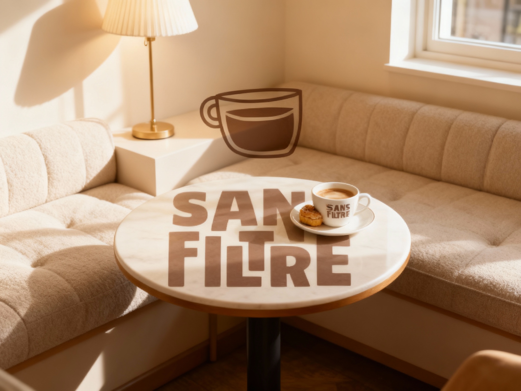 生成顾客享受咖啡时光的场景图。在温馨舒适的角落放置软垫沙发、小圆桌和灯具，桌上摆放着带有（参考图提取的SANS FILTRE）的咖啡杯和小甜点，通过自然光线捕捉惬意瞬间，使SANS FILTRE自然融合于场景中。