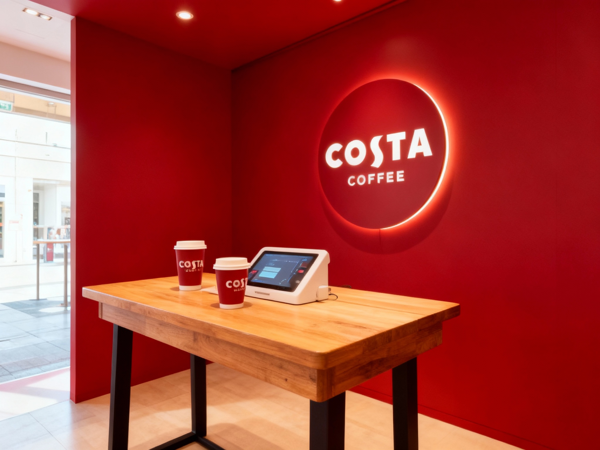 生成品牌体验区或小型咖啡桌场景，展示品牌互动装置或店内拍照打卡点，（将参考图中的LOGO及品牌色配色）融入场景装修或物件，环境温馨有质感，光线自然通透。