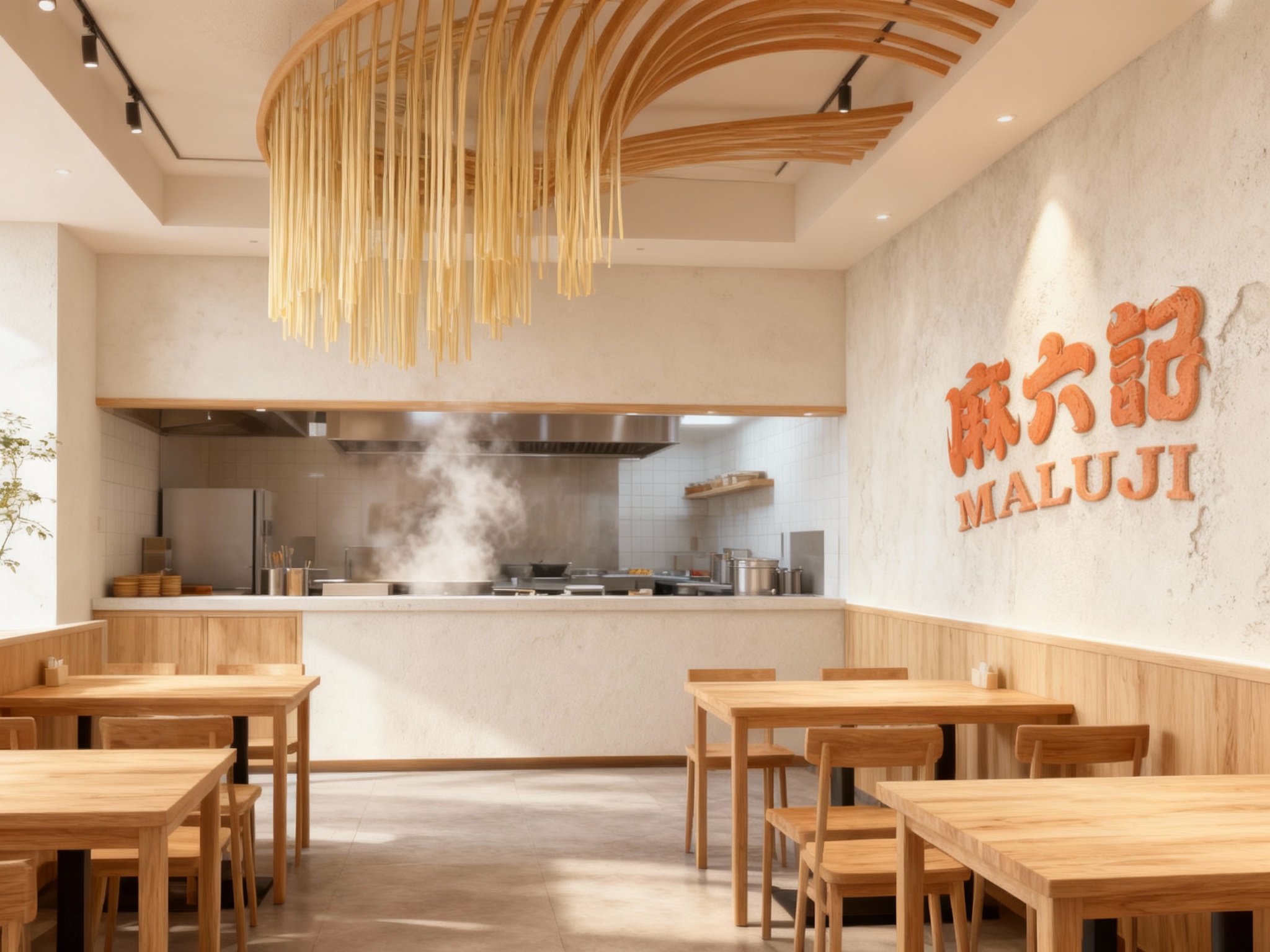 生成现代面馆内部空间渲染图。空间主色调为奶油白与浅米色原木。天花板悬挂着如面条般垂落的艺术装置或弧形木条。开放式厨房可见蒸汽升腾。（智能提取参考图中的LOGO主体并去除原背景）巧妙地嵌入在素水泥或肌理漆的墙面上，利用光影形成浮雕效果。桌椅采用极简的实木设计，整体氛围温暖、治愈，充满食欲。