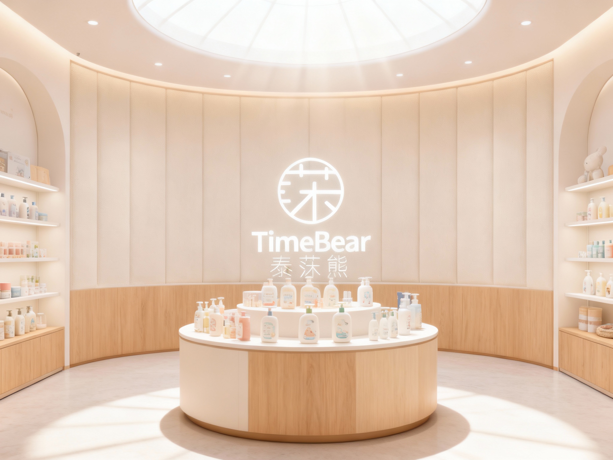 生成精致母婴店内部空间渲染图。空间主色调为温暖的奶白色和浅枫木色。可以看到中岛展示区，采用圆形的陈列台，摆放着高品质的婴儿洗护用品。天花板设计成柔和的穹顶，灯光如天光般洒落。（智能提取参考图中的LOGO主体并去除原背景）巧妙地嵌入在背景墙的软包织物上。整体氛围通透、纯净，体现国际大牌的空间美学。