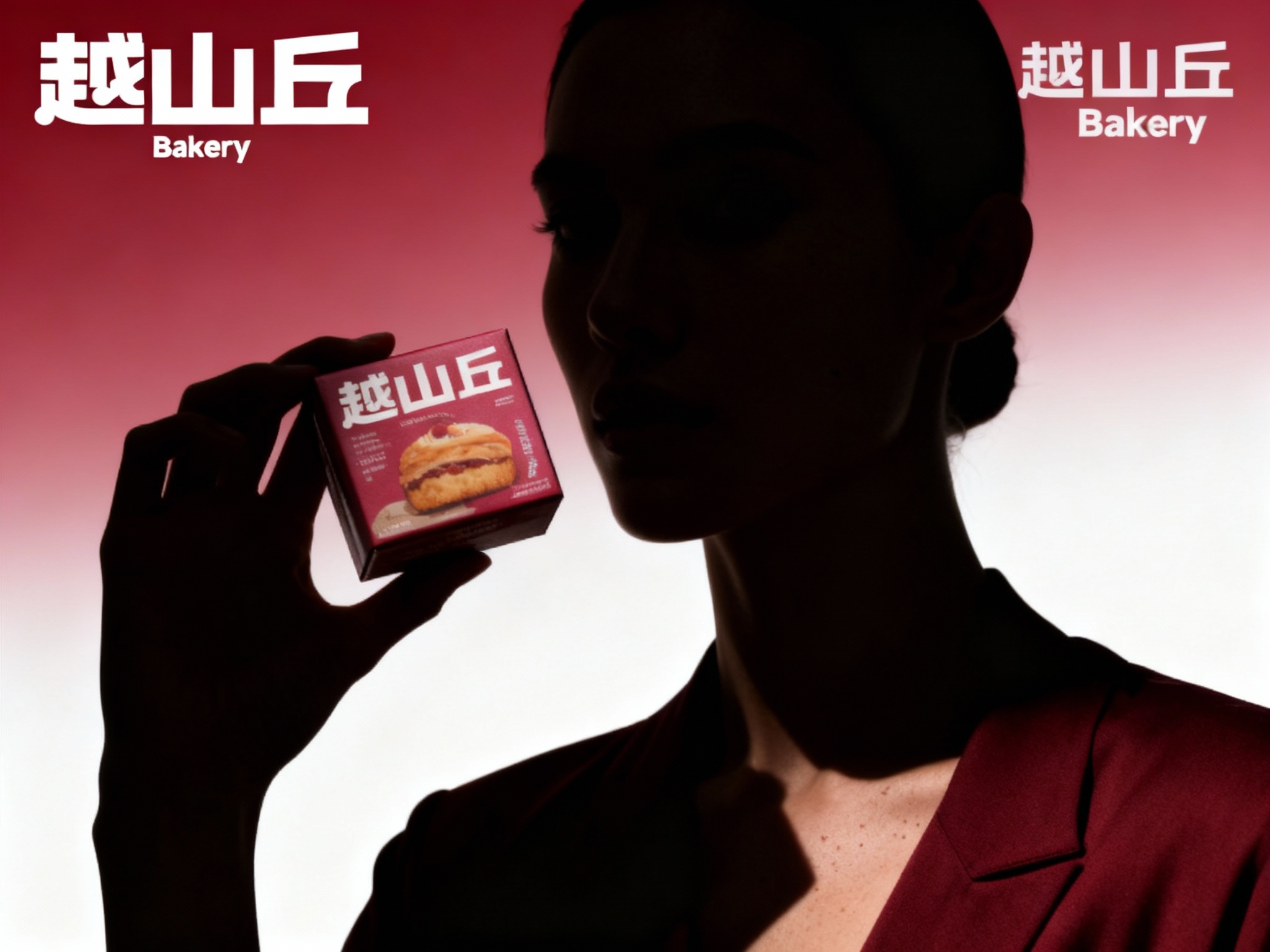 设计品牌海报，时尚剪影摄影风格,时尚大片,一个模特,穿着时尚#品牌主色服装手拿带有（将参考图中的LOGO）#品牌主色包装的精致烘焙产品，（将参考图中的LOGO）位于左上角或右上角（根据实际情况设置不要遮挡人物），清晰的毛孔,肌肤真实细节,产品剪影,品牌色向白色渐变背景,特写镜头,平视视角,高清分辨率,高细节