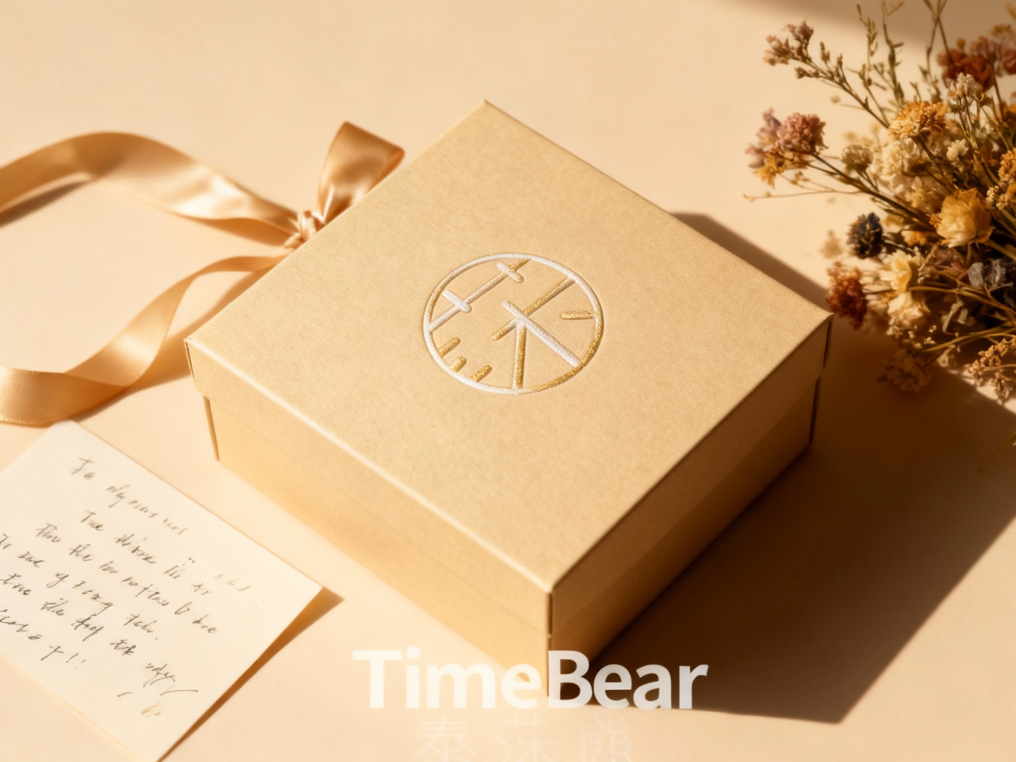 高端母婴礼盒包装展示。包装盒采用质感厚实的特种纸，颜色为淡雅的香槟金或奶咖色，配有丝绸缎带。（智能提取参考图中的LOGO主体并去除原背景）采用烫金或激凸工艺印在盒子正中央。旁边摆放着一张手写的祝福卡片和一束干花。光线柔和，阴影细腻，展现作为礼物的尊贵感。