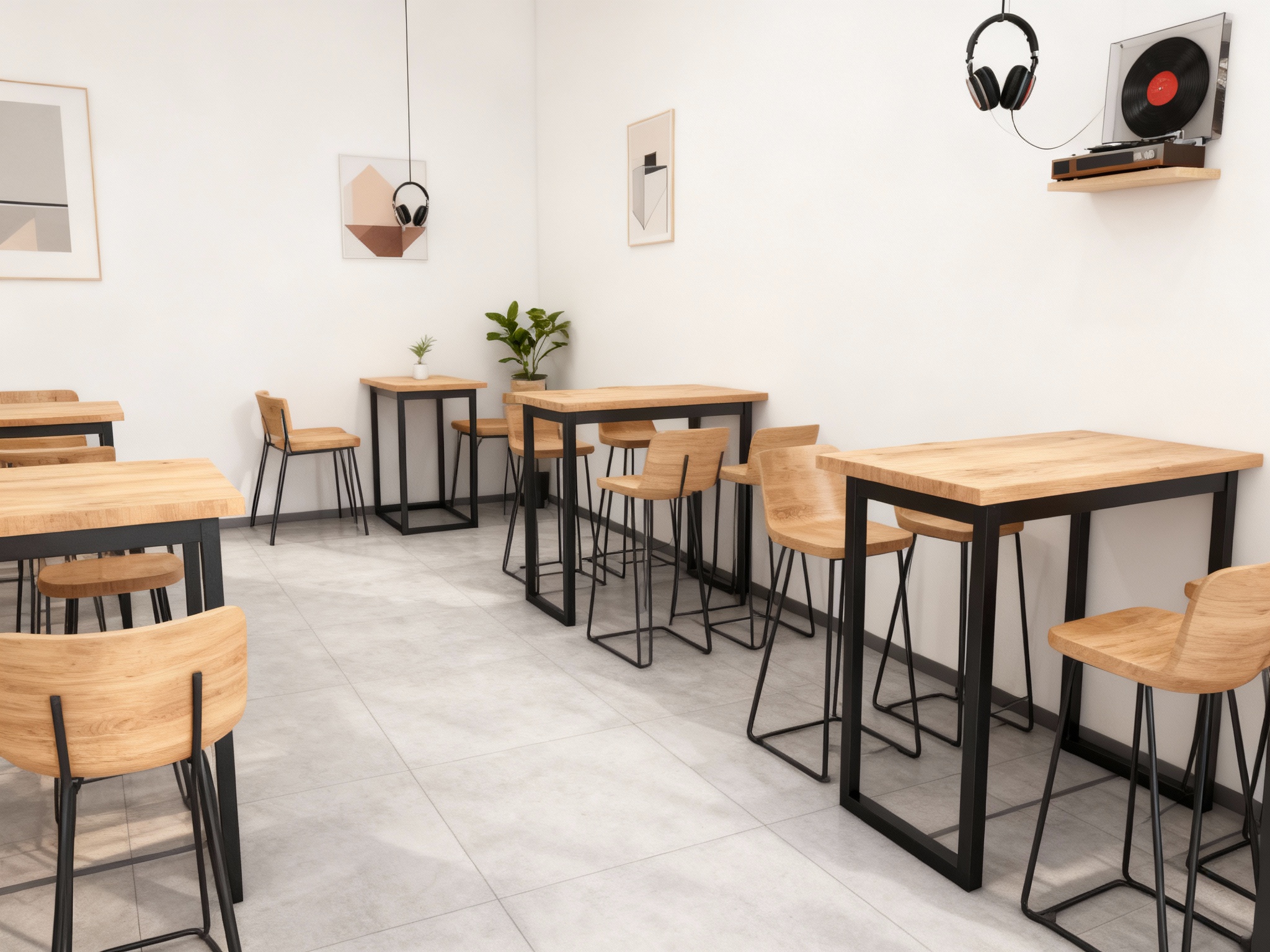 生成INS风格店内空间渲染图，地面铺设浅灰色地砖，原木色桌椅搭配黑色金属框架，墙面留白或点缀少量几何装饰画，角落摆放小型绿植，空间松弛舒适，音乐元素可通过悬挂的耳机或唱片机体现。