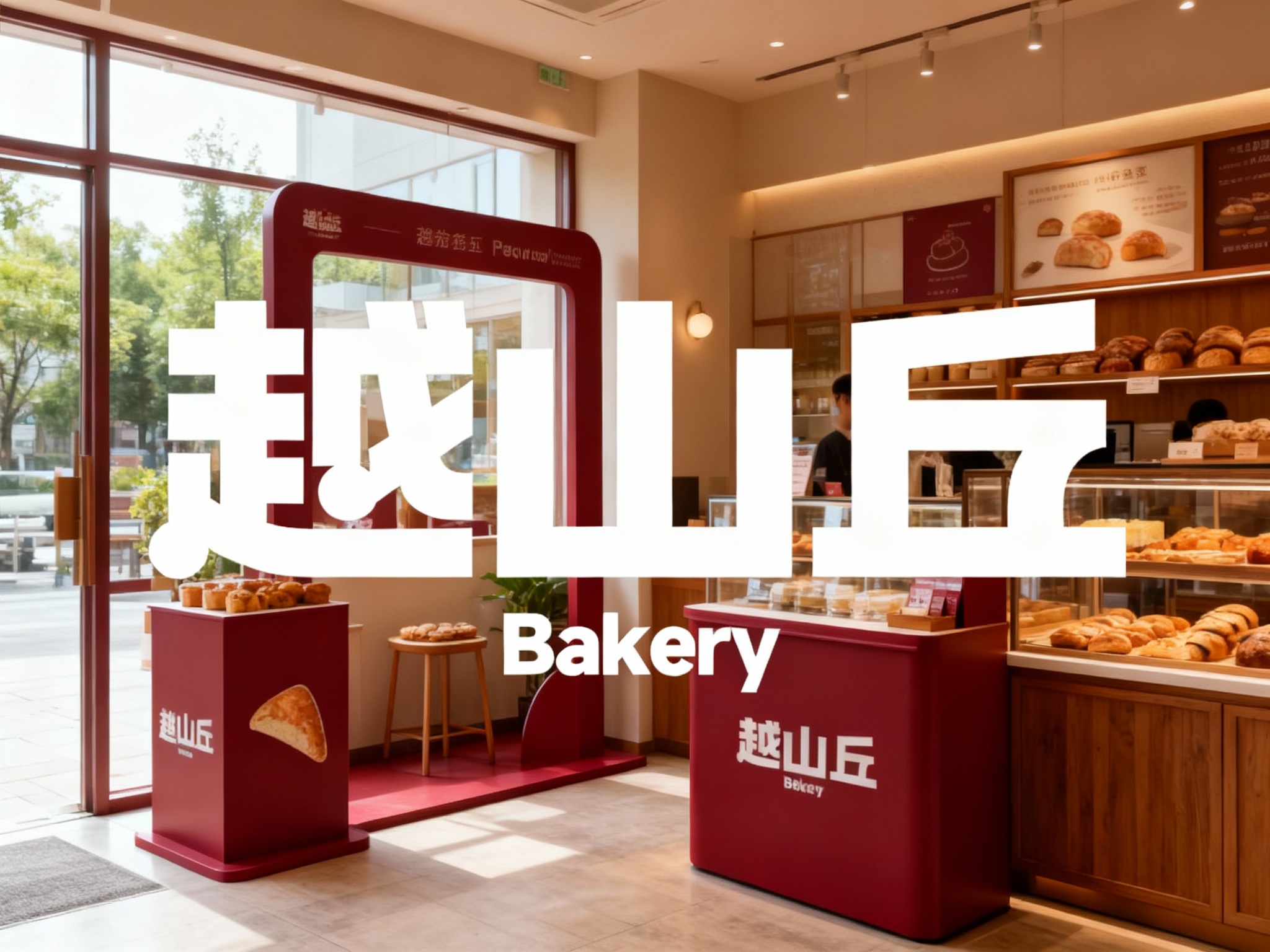生成品牌体验区或烘焙店内场景，展示品牌互动装置或店内拍照打卡点，（将参考图中的LOGO及品牌色配色）融入场景装修或物件，环境温馨有质感，光线自然通透。