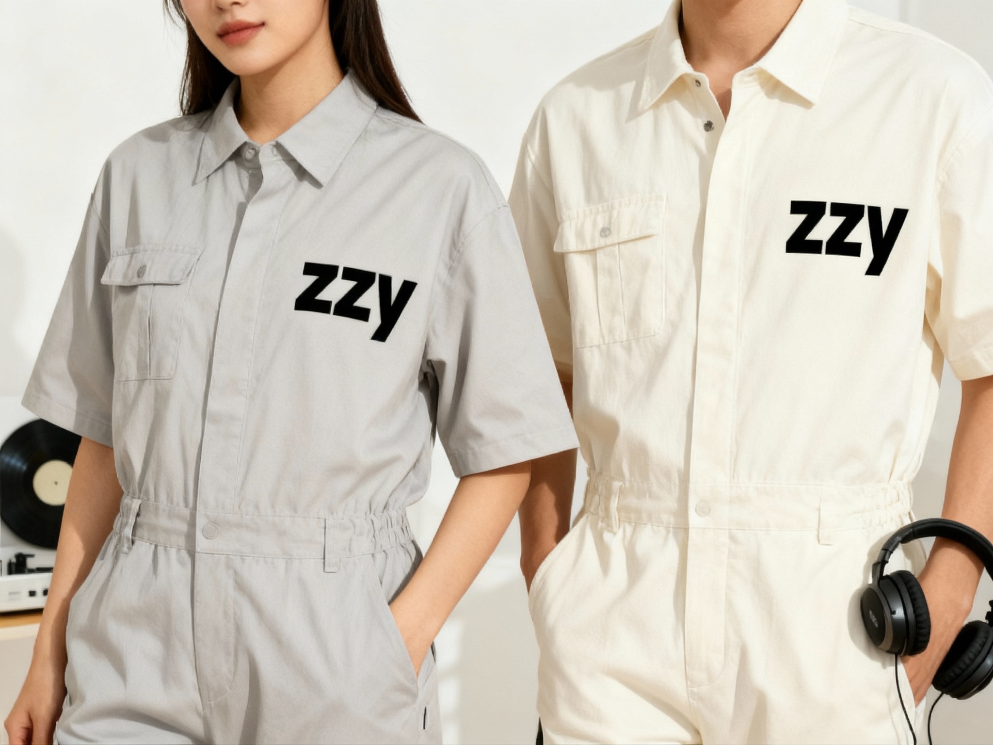 生成员工制服展示图，员工穿浅灰色或米白色工装，LOGO烫印在胸口，拍摄自然光下，整体简约统一，呈现轻松又有质感的INS风格，同时加入耳机或唱片作为音乐主题元素。