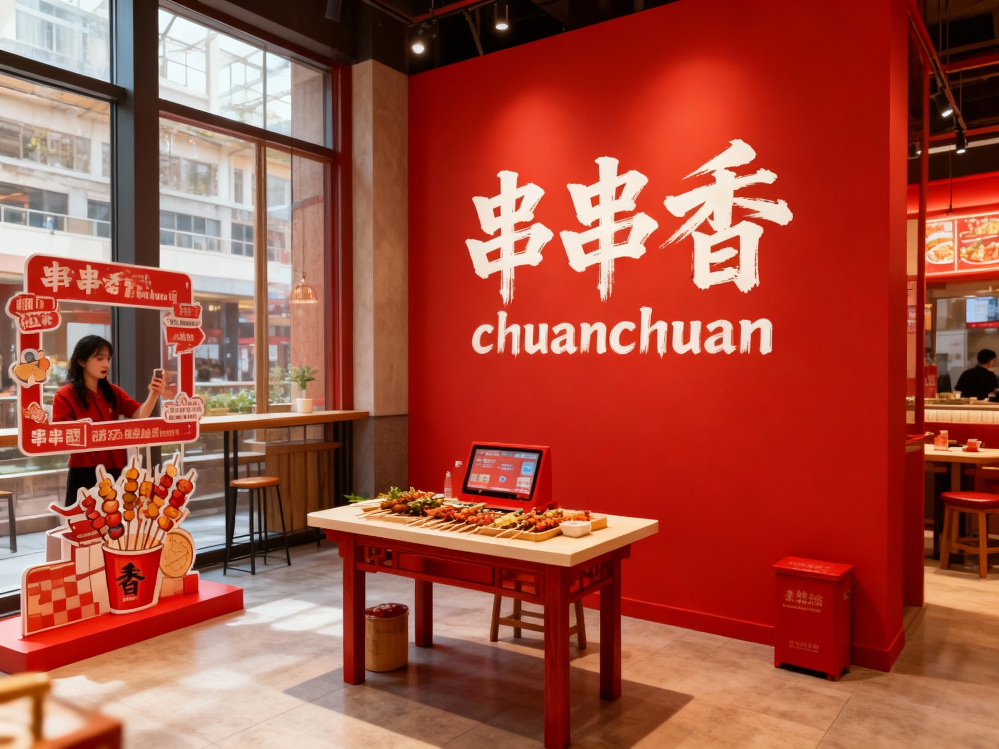 生成品牌体验区或小型串串桌场景，展示品牌互动装置或店内拍照打卡点，（将参考图中的LOGO及品牌色配色）融入场景装修或物件，环境温馨有质感，光线自然通透，红色背景墙作为品牌标志性元素。