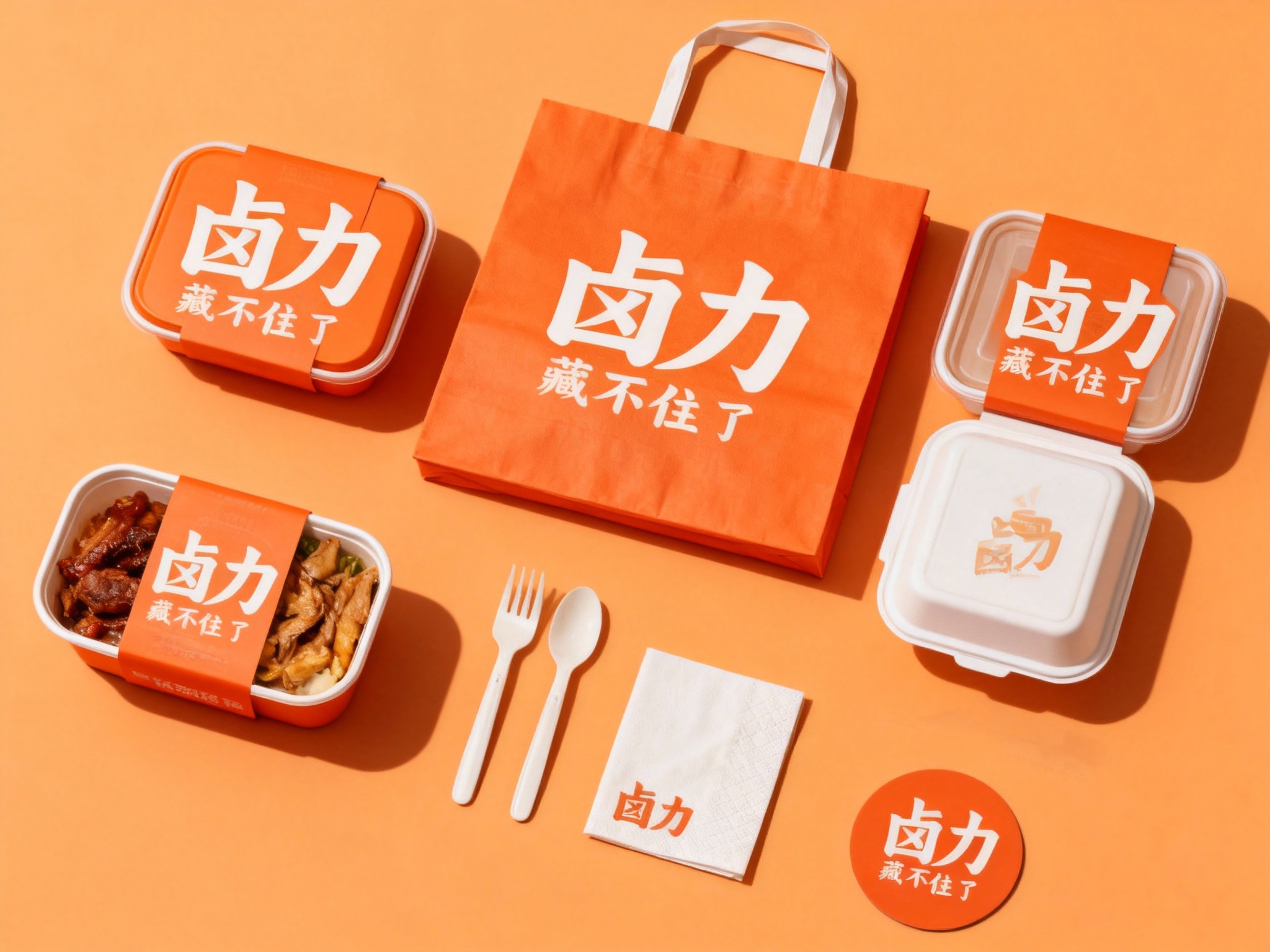 设计卤菜产品平铺拍摄图，包含餐盒、手提袋、打包盒、餐具包装、餐巾纸、杯垫等，（将参考图中的LOGO）在各产品上清晰展示，色彩统一，光影柔和，呈现高级整洁感。