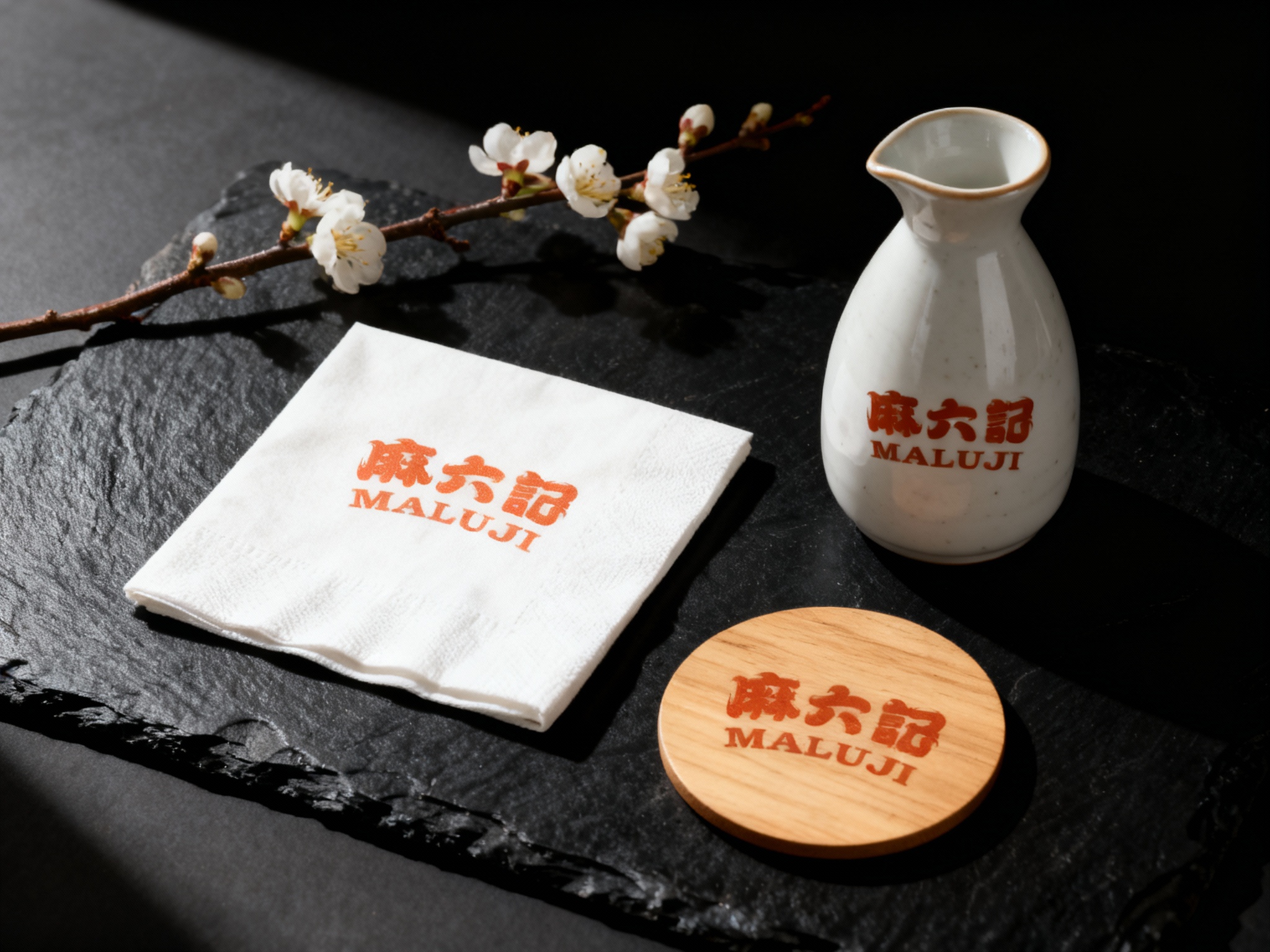 生成精致的品牌周边组合图。画面包含日式手帕（Tenugui）、陶瓷清酒壶、木质杯垫等。所有物品上都巧妙融入了（智能提取参考图中的LOGO主体并去除原背景）。背景是黑色的板岩台面，搭配一枝白梅。顶光照明，高对比度，突显材质的纹理和工艺的精细。