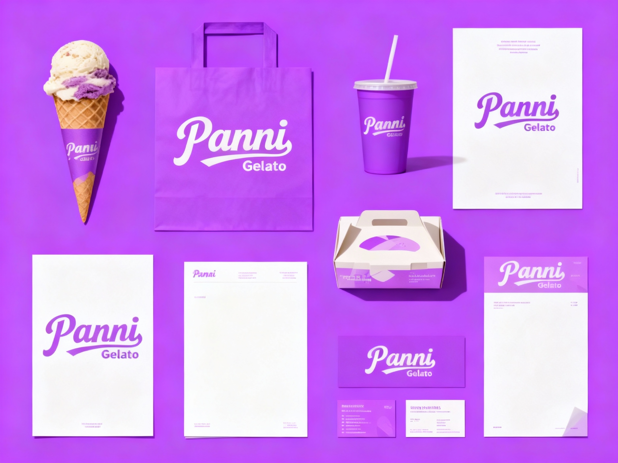 生成冰淇淋产品展示图，品牌VI展示，它包括冰淇淋纸筒、外带袋、水杯、纸盒、印刷海报、名片、小册子、信纸设计、纯色、简单的背景、平面布局和极简美学、高分辨率摄影、高质量细节、高细节，顶级商业表现形式延续品牌色调，（将参考图中的LOGO 保持一致不要出现变形）在相应载体上合理呈现，突出饮品质感与品牌形象，背景为纯紫色，LOGO位于产品上方或侧面。