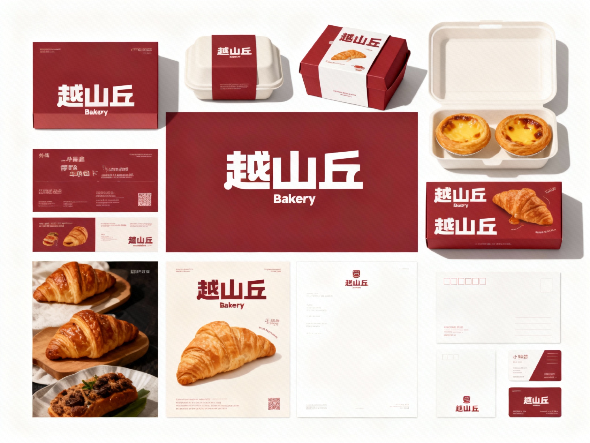 生成烘焙产品展示图，品牌VI展示，它包括纸质包装、外卖盒、蛋挞盒、面包（牛角包）包装盒、印刷海报、产品卡片、小册子、信纸设计、纯色、简单的背景、平面布局和精致美学、高分辨率摄影、高质量细节、顶级商业表现形式延续#品牌主色，（将参考图中的LOGO 保持一致不要出现变形）在相应载体上合理呈现，突出烘焙品质感与品牌形象。