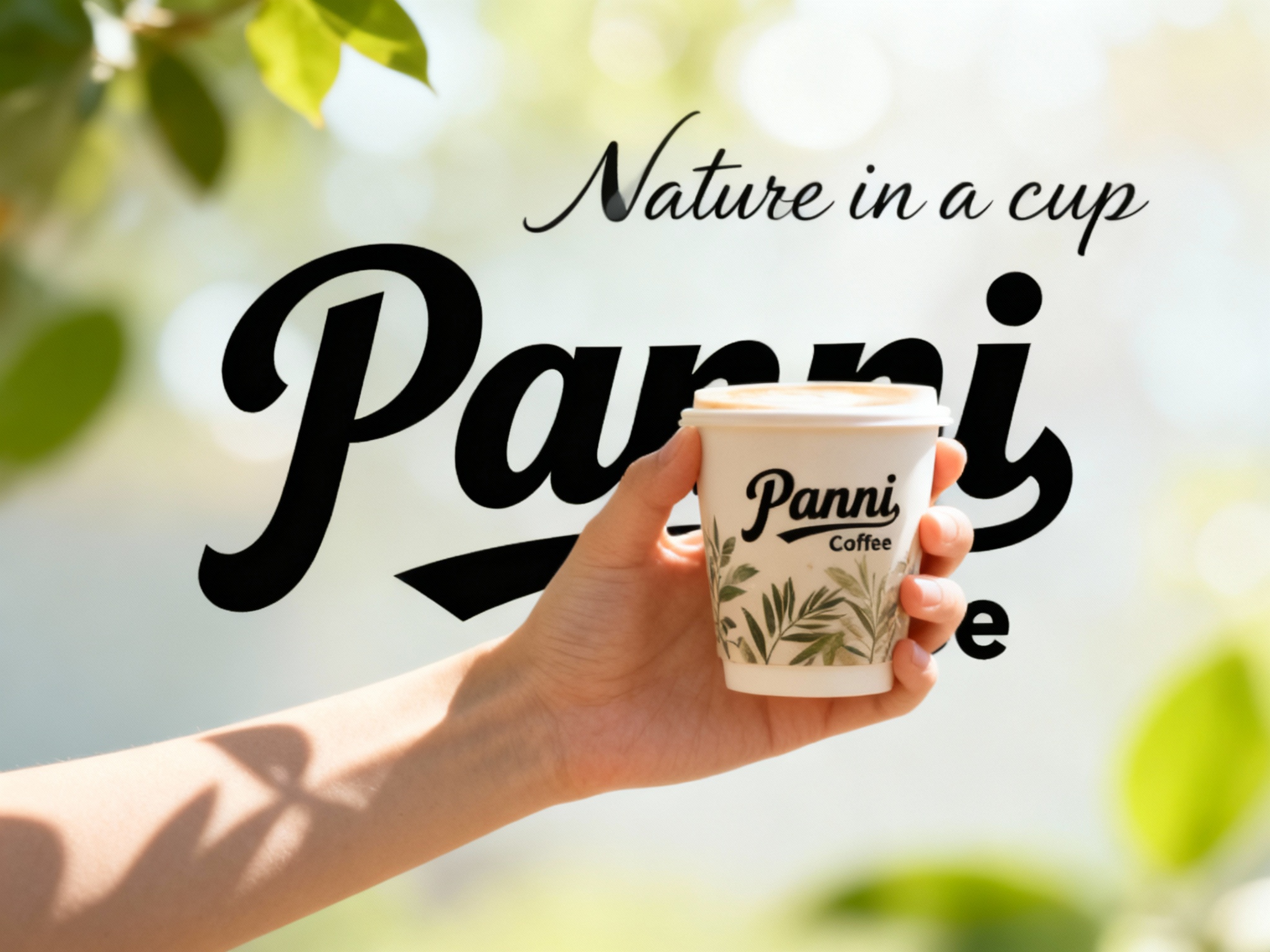 咖啡门店促销海报，背景为柔和的自然光斑和模糊的绿植色块。画面核心视觉为一只干净、修长的手，在阳光下端着一杯带有Panni Coffee LOGO的咖啡，杯身带有植物纹理或简约设计。手腕处有叶片阴影掠过。上方右侧用手写体英文书写 “Nature in a cup”，营造轻松、有氧的氛围。整体风格清新、治愈，精准传递森系咖啡的有机品质。