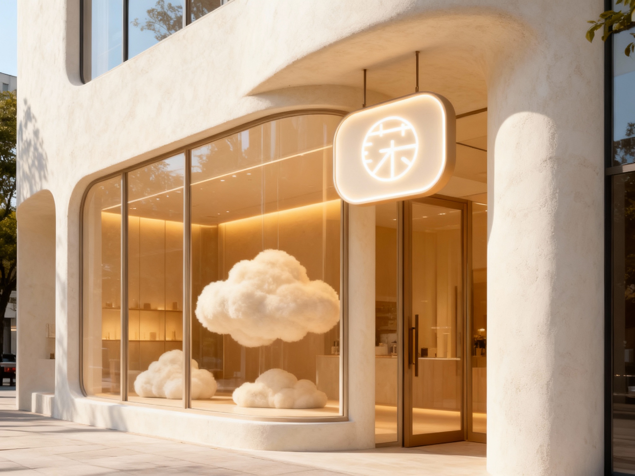 设计高端母婴品牌概念店门面效果图。建筑外观采用奶油色的微水泥或圆弧形的白色石材，线条柔和流畅，没有棱角。大面积的橱窗透出室内的暖光，橱窗内摆放着云朵造型的艺术装置。（智能提取参考图中的LOGO主体并去除原背景）设计为发光的立体圆角灯箱，悬挂在门头。光线为明亮的日光，营造像家一样温暖且充满童趣的高级感，8K渲染。