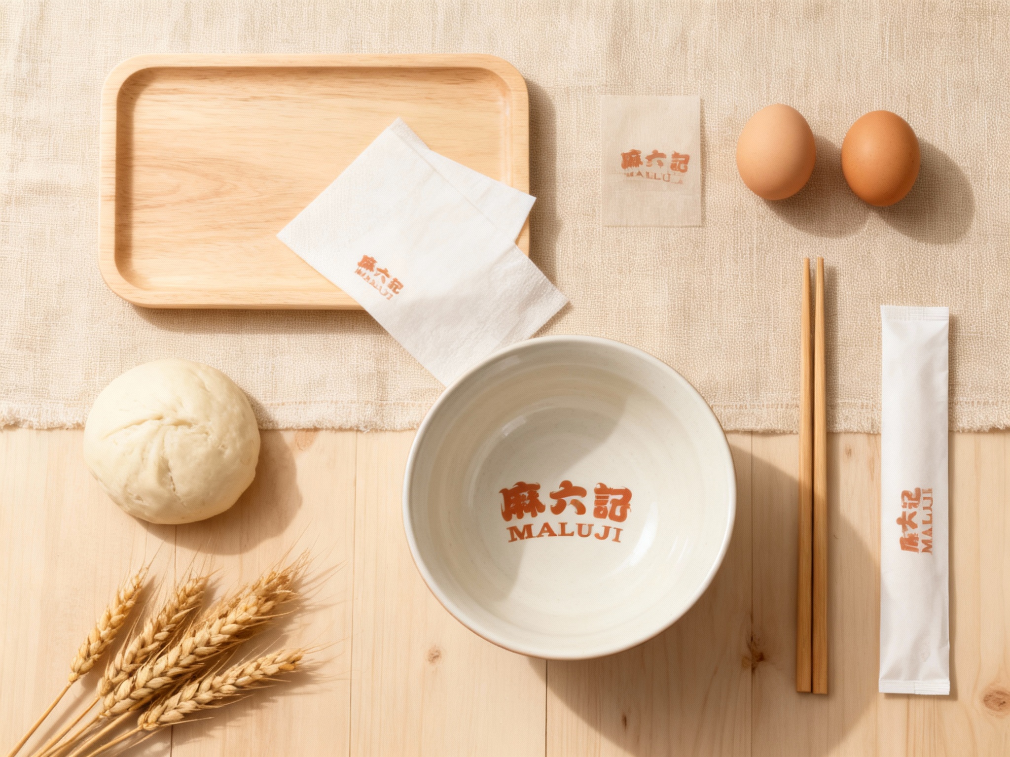设计面馆餐饮产品平铺拍摄图（Knolling风格）。包含：浅色木质托盘、极简设计的陶瓷面碗、木筷、以及生面团、鸡蛋、麦穗等原材料。背景为干净的米色亚麻布或浅木纹桌面。（智能提取参考图中的LOGO主体并去除原背景）清晰印制在纸巾、筷套和碗底，色彩统一为大地色系。自然光漫射，画面极度舒适整洁。