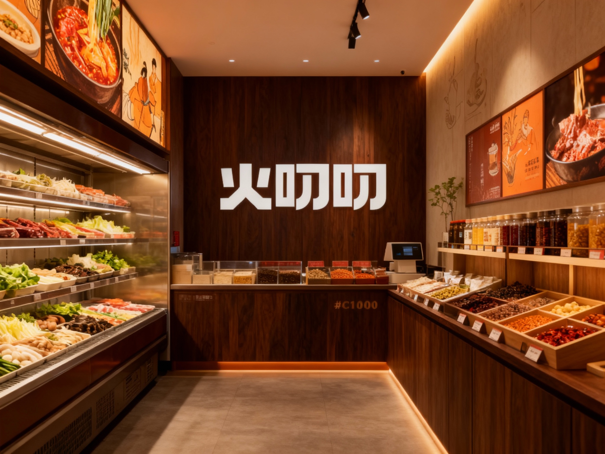 设计店内空间效果图，展示火锅食材陈列区、调料售卖区、品牌展示区、墙面装饰艺术插画或暖色调摄影，运用深色原木搭配#C10000材质（将参考图中的LOGO保持一致）融入店铺背景墙，光线温暖柔和，突出空间极简时尚与精致质感。