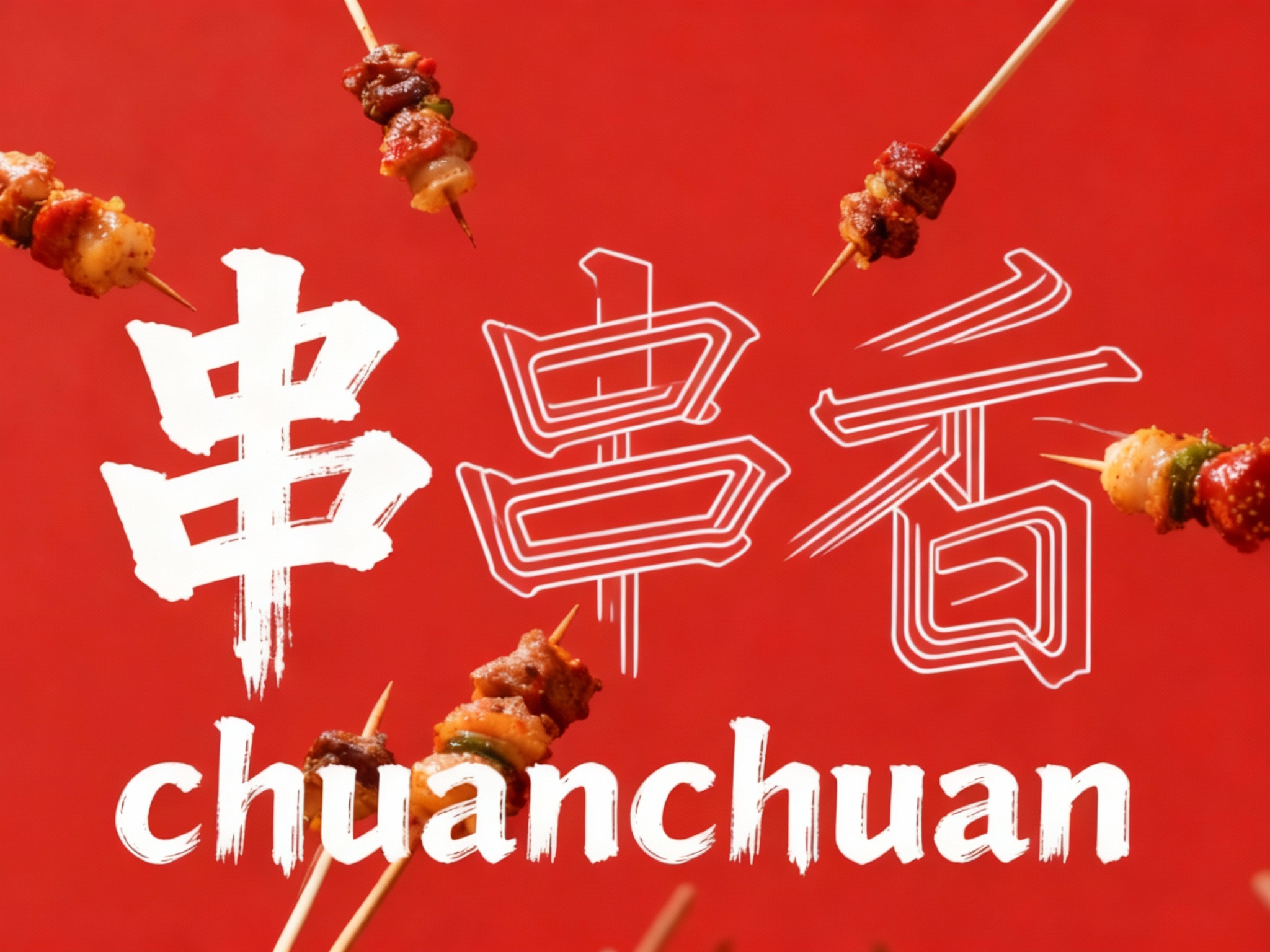 东方美学写实封面大片，几串非常精致的串串漂在空中品牌色背景。整个画面呈现仰拍的摄影视角，将串串线（将参考图中的LOGO）形状完美呈现，仿佛在讲述一个关于地道与多元的故事，红色背景与白色文字形成强烈对比。