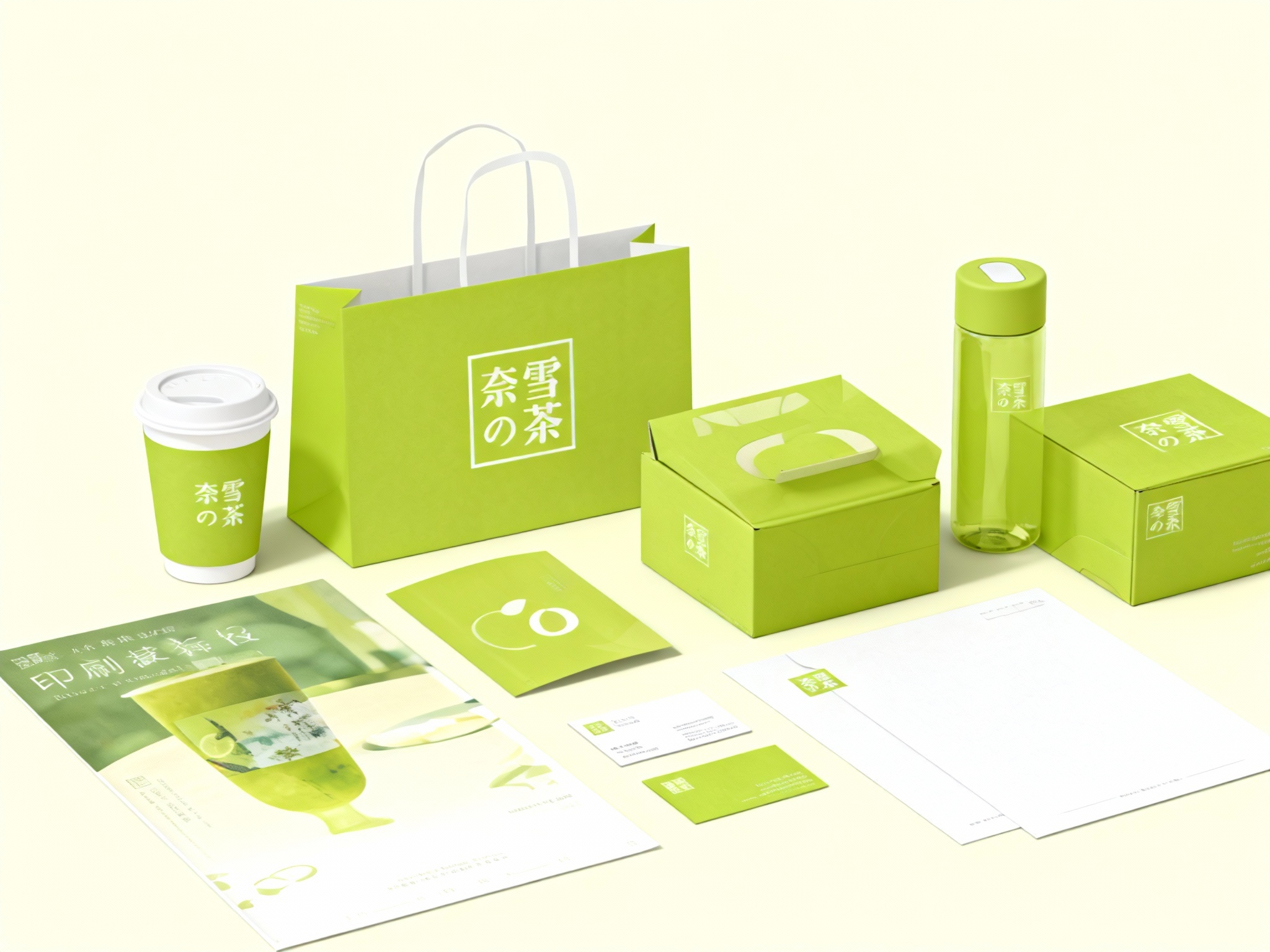 生成茶产品展示图，品牌VI展示，它包括纸质杯、外带袋、水杯、纸盒、印刷海报、名片、小册子、信纸设计、纯色、简单的背景、平面布局和极简美学、高分辨率摄影、高质量细节、高细节，顶级商业表现形式延续品牌色调，（将参考图中的LOGO 保持一致不要出现变形）在相应载体上合理呈现，突出饮品质感与品牌形象。