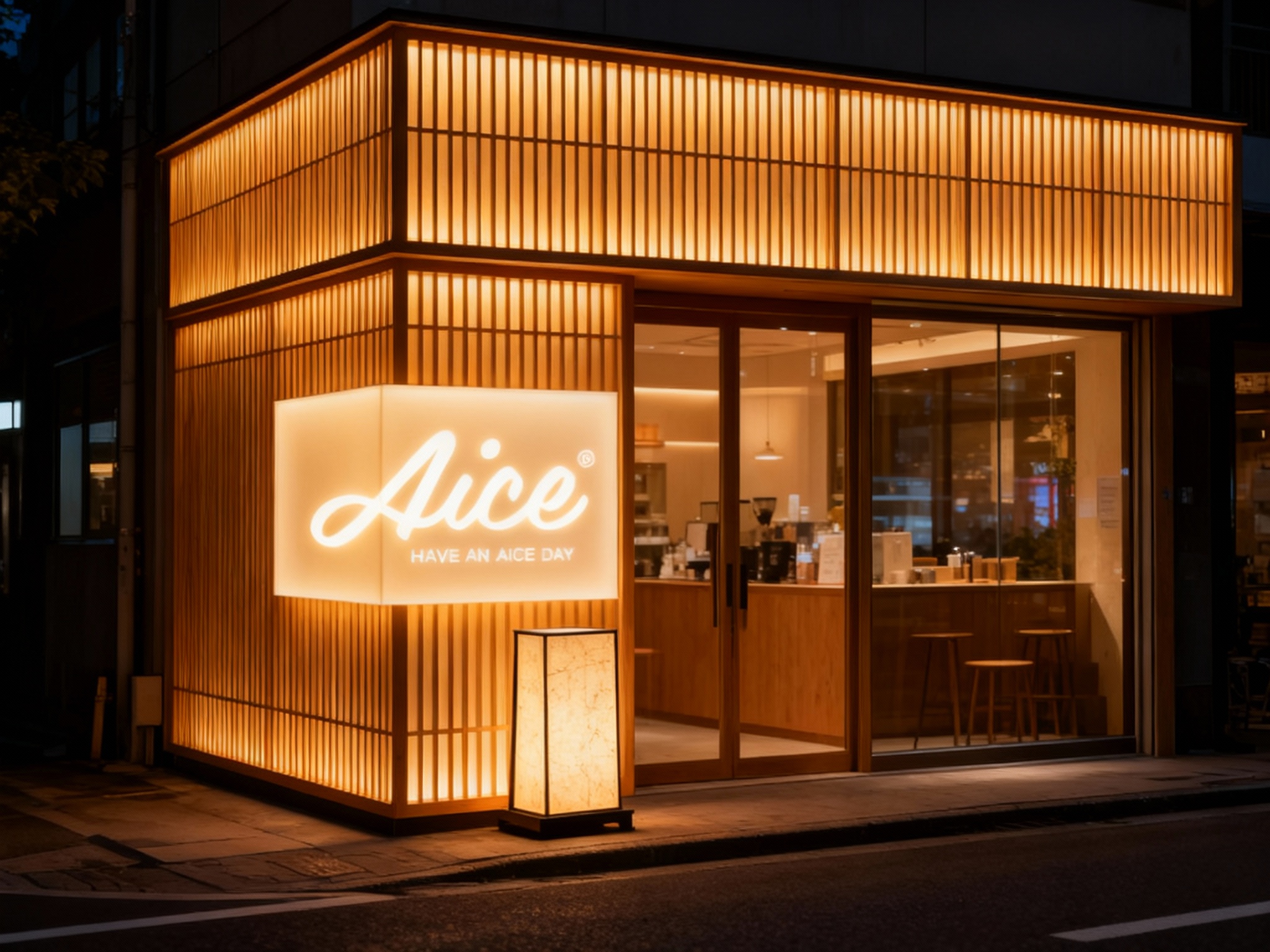 设计夜景门头及灯箱效果图。店面像一个温暖的发光盒子，米色木格栅在暖黄灯光下显得格外温馨。门口设立一个设计感极强的落地灯箱，（智能提取参考图中的LOGO主体并去除原背景）在灯箱上发光，材质为磨砂亚克力或和纸效果。街道安静，店内的烟火气透过玻璃温暖人心，吸引路人驻足.