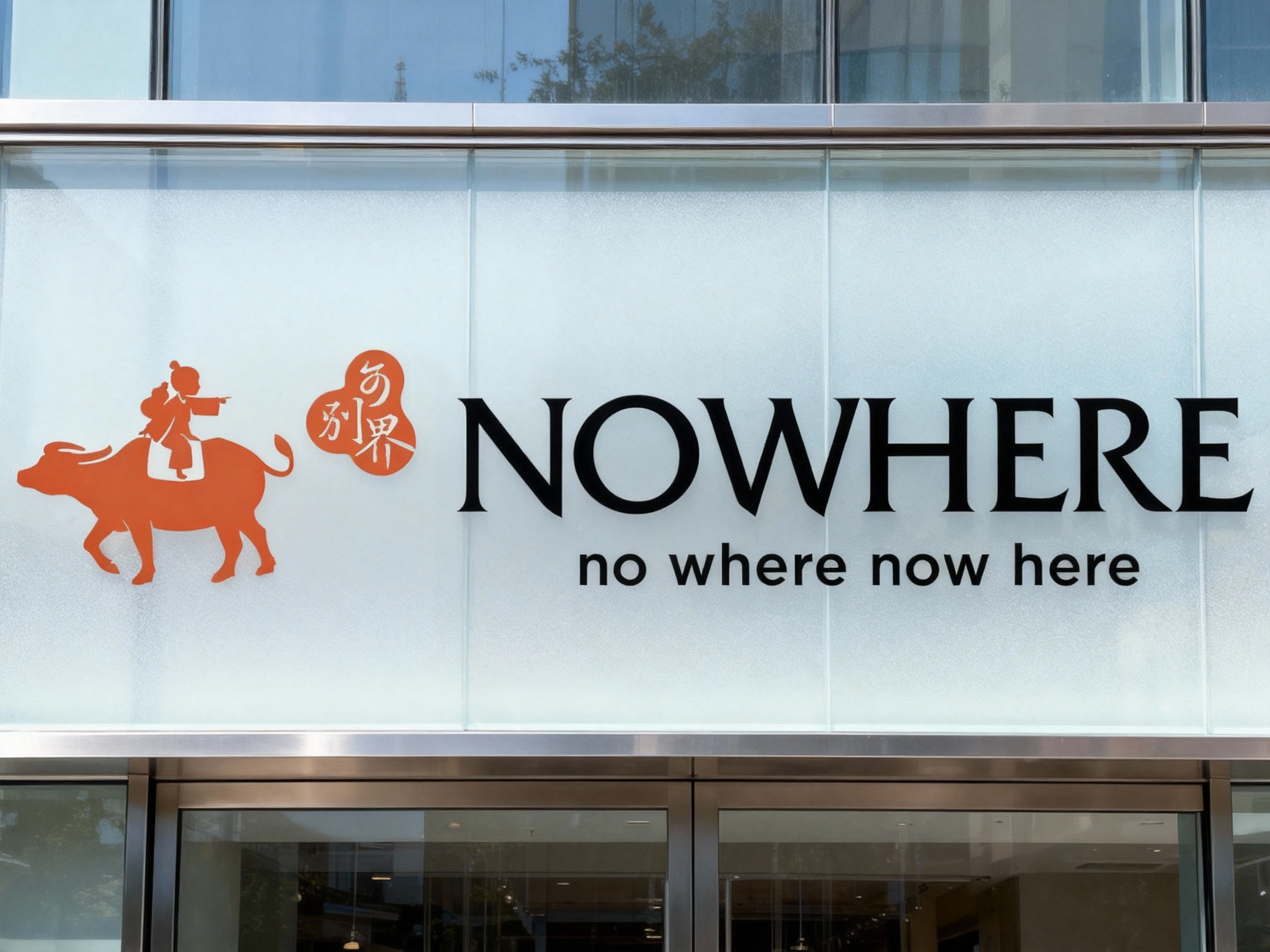 玻璃幕墙门头特写，采用超白钢化玻璃+渐变磨砂涂层，底板通透整洁，LOGO以低温丝印工艺印于玻璃内侧，无胶痕残留，搭配哑光金属无缝边框收口，现代感极强，白天光线通透不刺眼，适合潮流店铺