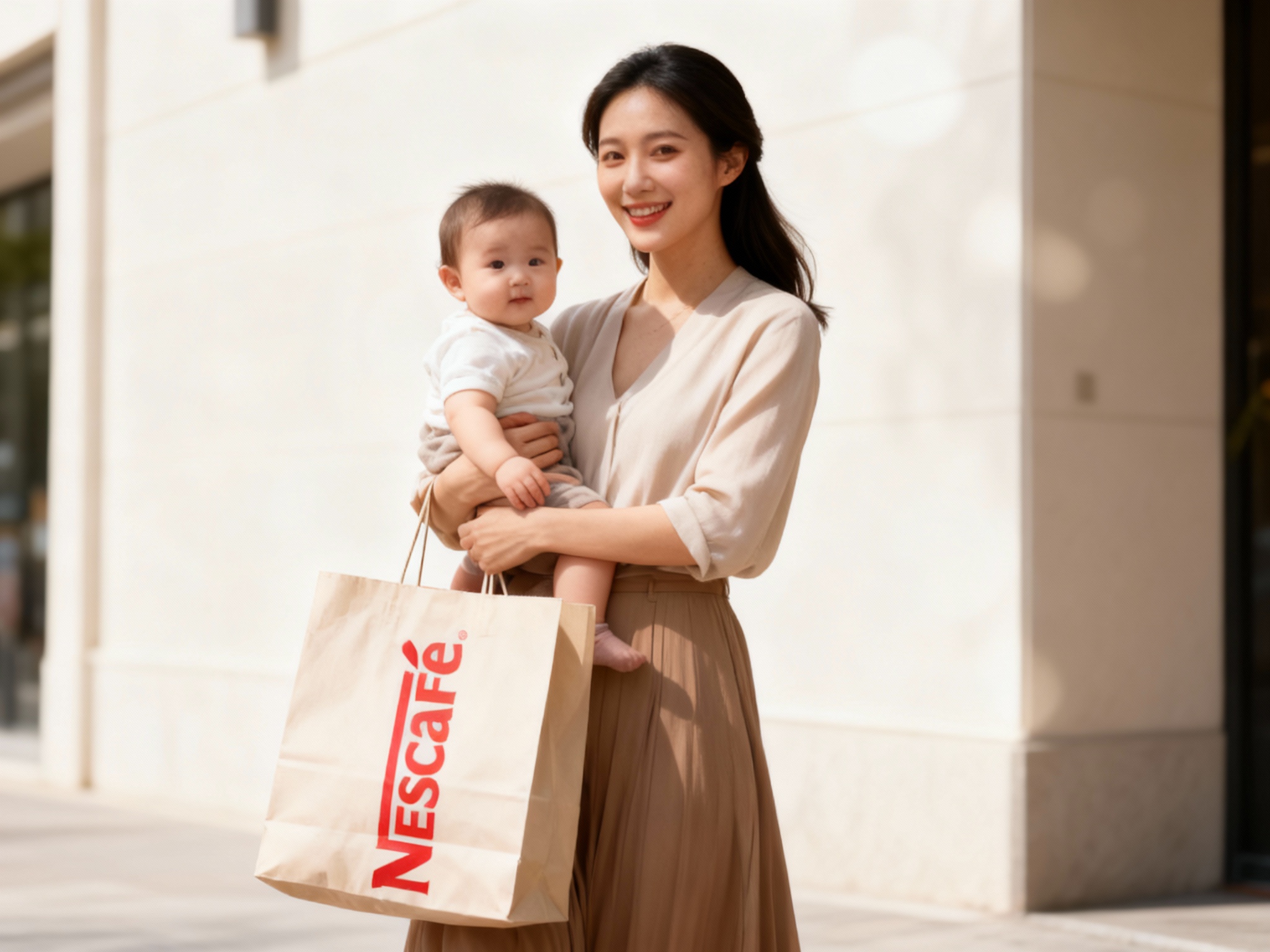 模特时尚街拍风格。一位穿着时尚、气质优雅的年轻妈妈，怀里抱着可爱的宝宝，或者手提品牌购物袋。购物袋设计简约大气，印有巨大的（智能提取参考图中的LOGO主体并去除原背景）。背景是干净的浅色建筑墙面。自然光，大光圈虚化背景，突出人物的幸福感和品牌的国际范。