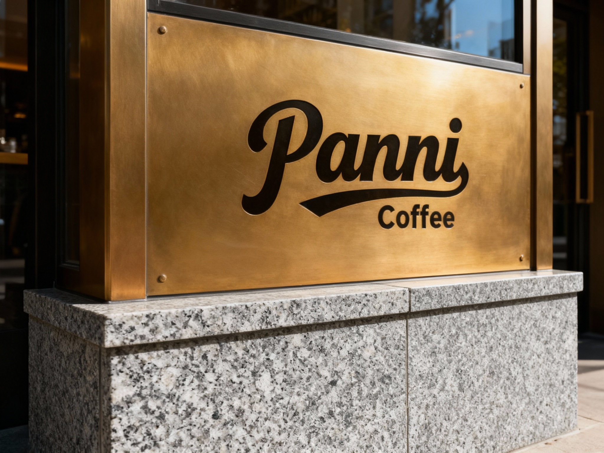 石材与金属结合门头特写，底部为灰色花岗岩无缝拼接基座，上部为哑光黄铜材质整板切割装饰面，底板无接缝痕迹，LOGO以蚀刻填漆工艺呈现于黄铜板中央，白天光线照射，石材稳重与金属光泽互补，高端感十足