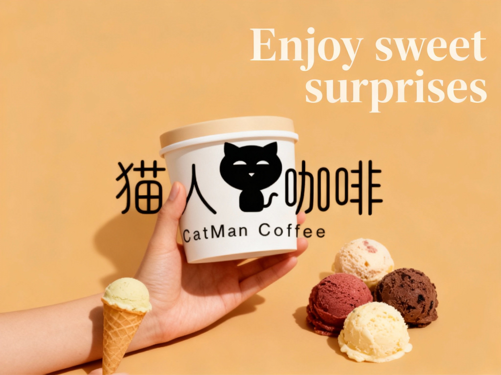 冰淇淋门店促销海报，以提供的主色 {主色} 为背景底色，奠定温暖且具质感的视觉基调。画面核心视觉为一只肤色自然的手，拿着一盒哑光质感的品牌色（将参考图中的LOGO）在冰淇淋盒上清晰可见，几颗不同色彩口味的意式冰淇淋球，手和冰淇淋筒比例协调，冰淇淋筒体简约无装饰，与背景形成鲜明色彩呼应，成为视觉焦点。海报上方，右侧用轻盈的英文书写 “Enjoy sweet surprises” ，营造轻松邀请氛围 。文字排版规整，信息清晰易读，整体风格简约直接，精准传递冰淇淋门店温馨、美味且注重品质的品牌形象 。