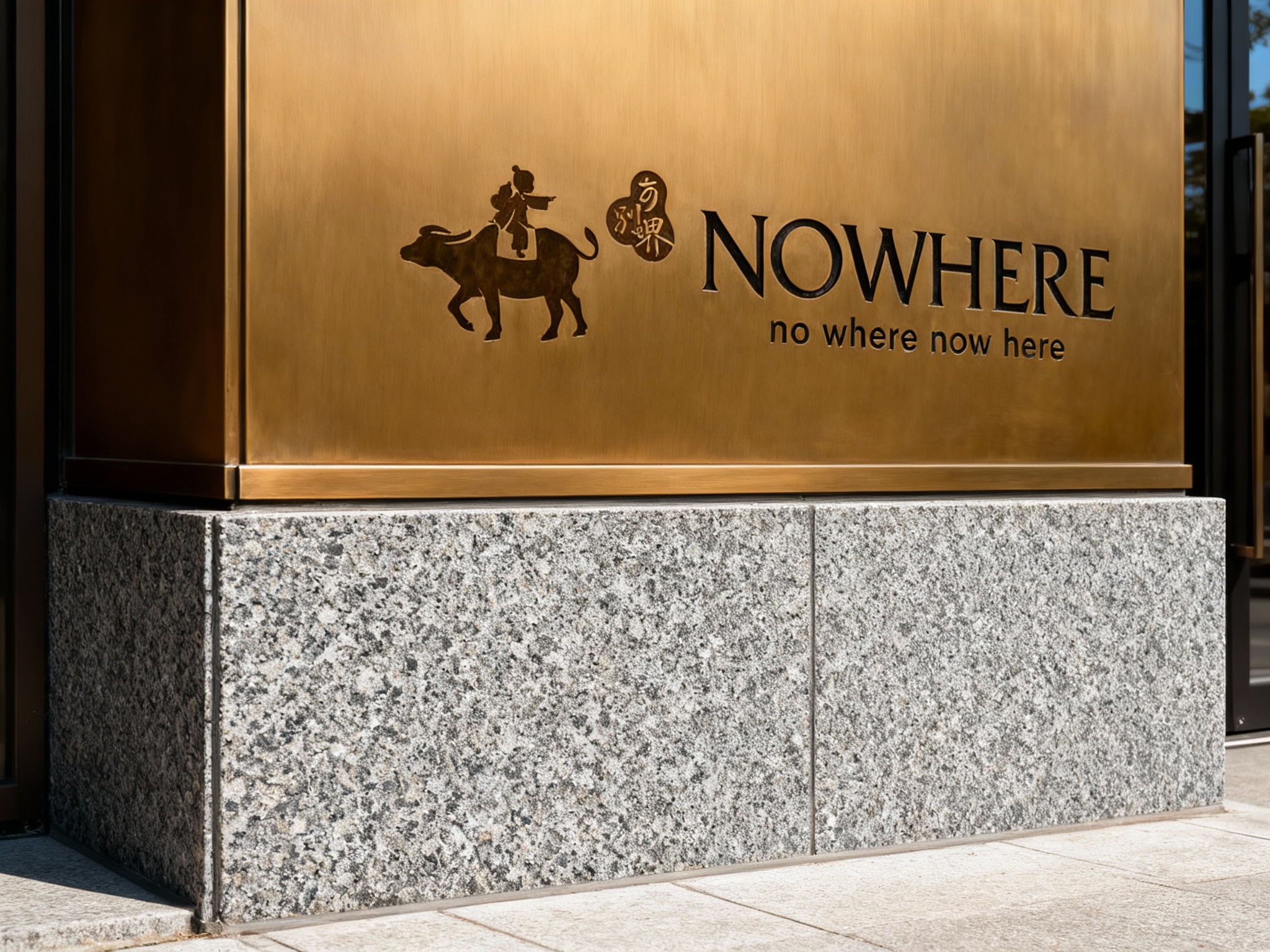 石材与金属结合门头特写，底部为灰色花岗岩无缝拼接基座，上部为哑光黄铜材质整板切割装饰面，底板无接缝痕迹，LOGO以蚀刻填漆工艺呈现于黄铜板中央，白天光线照射，石材稳重与金属光泽互补，高端感十足，适合高端餐饮/艺术空间