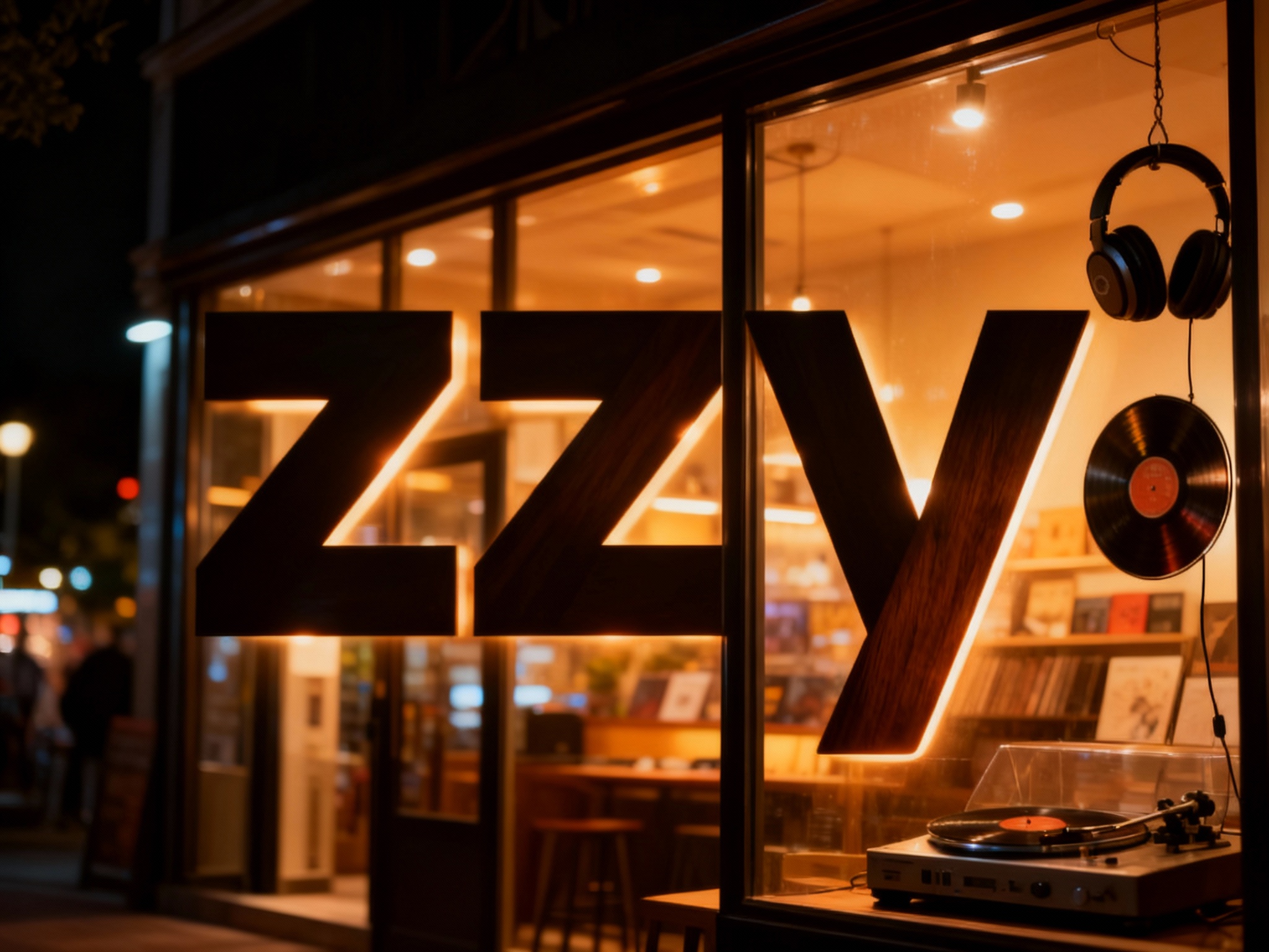 生成户外广告或灯箱效果图，夜景环境下LOGO柔光呈现，门店温暖灯光透出，深色LOGO可辅以暖色灯光或木质反光处理，整体视觉明亮、轻松、易于识别，音乐元素通过悬挂的耳机或唱片机体现。