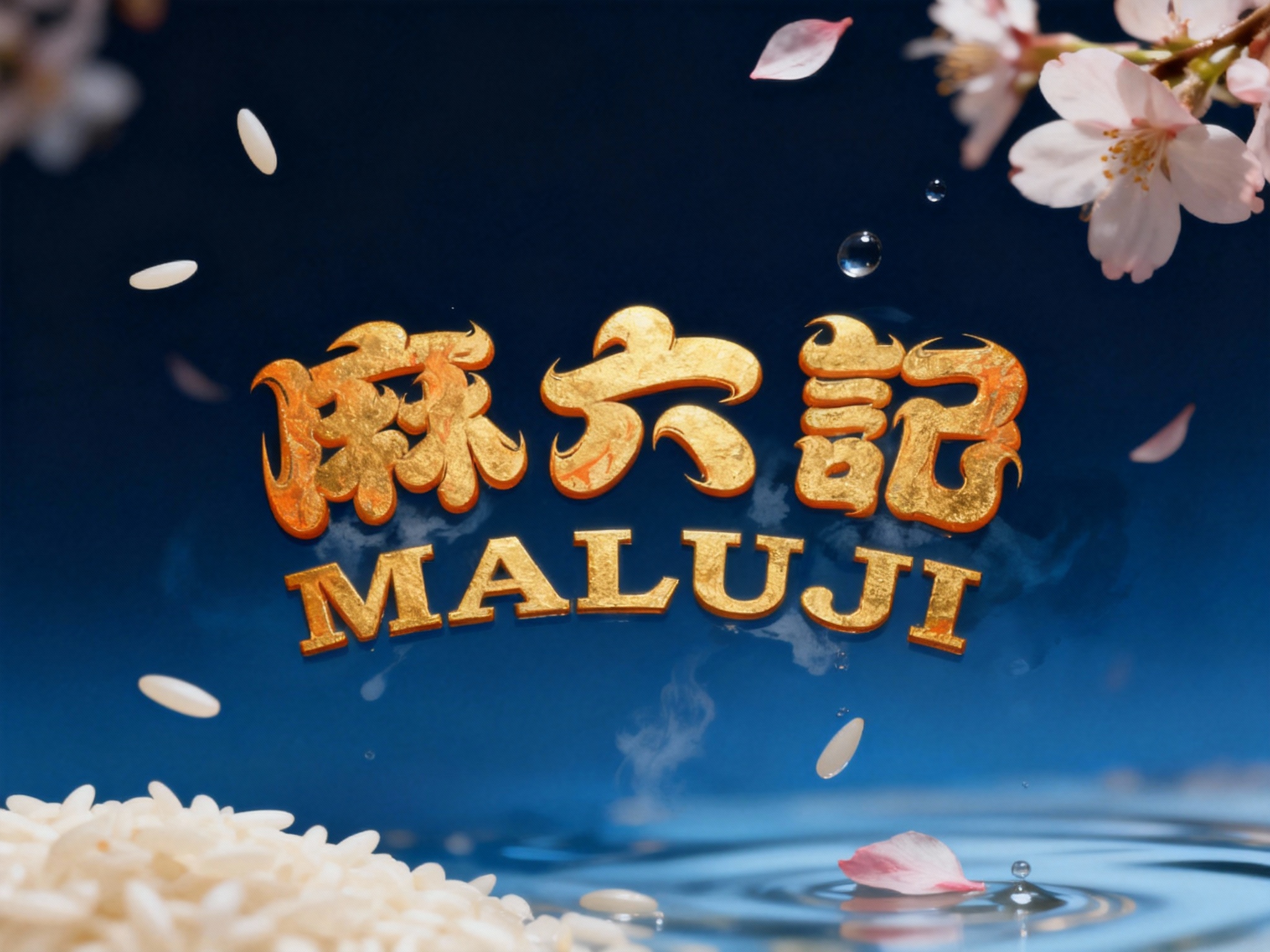 艺术创意品牌展示图。画面中心是（智能提取参考图中的LOGO主体并去除原背景），呈现悬浮的立体金箔质感或水墨质感。周围环绕着漂浮的米粒、樱花瓣和水滴。背景是深邃的靛蓝色（Indigo）渐变。微距镜头，捕捉微观世界的静谧流动，讲述关于自然馈赠的故事。