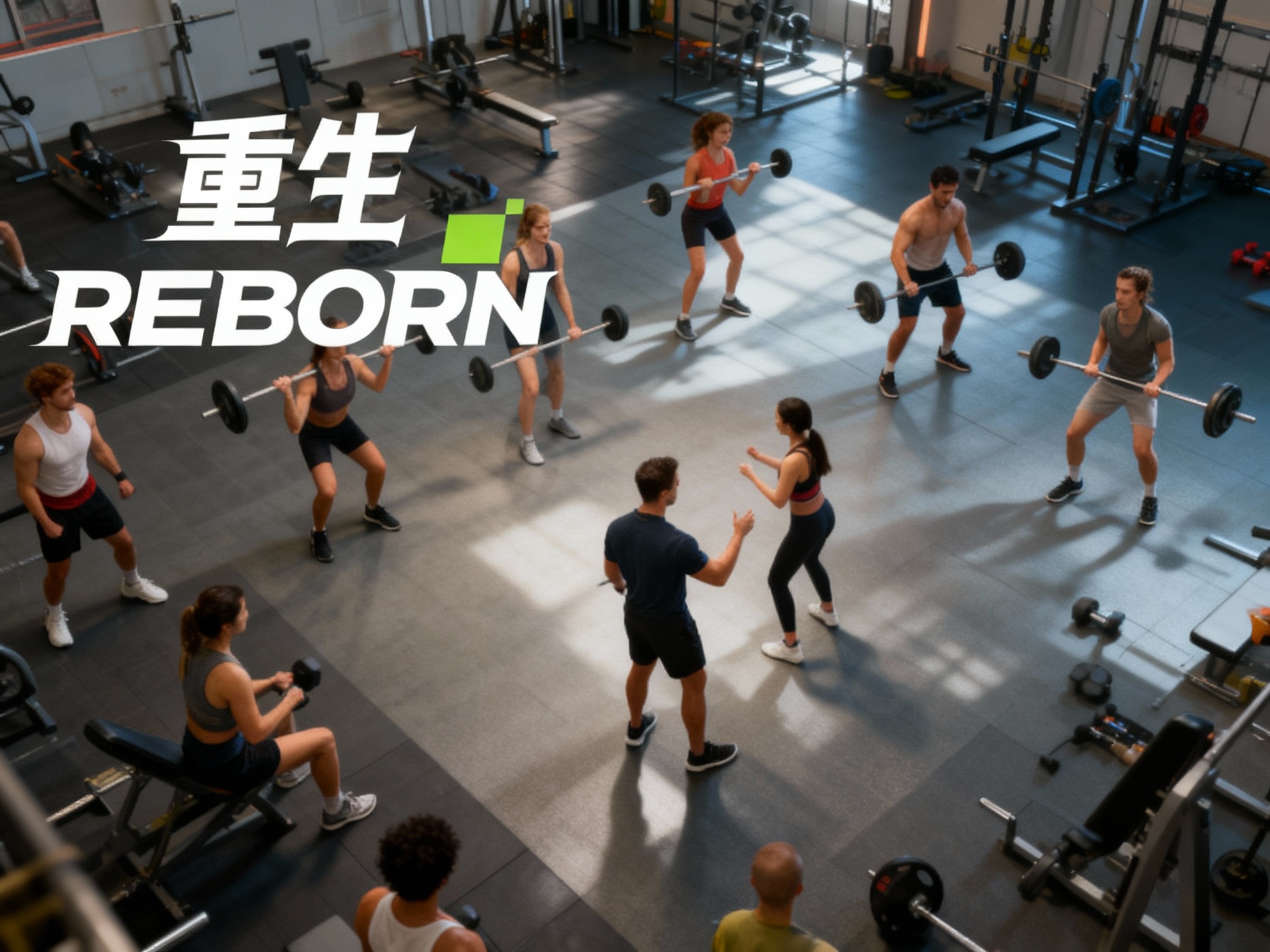 设计品牌宣传海报，画面干净，（将参考图中的LOGO ）位于左上角或右上角（根据实际情况设置），大师作品，电影海报，超高质量，超精细，高级英文排版，摄影，明亮光效，动感，俯视，远景，精致，简单，大面积留白，背景是健身教练指导学员锻炼的景象，充满活力感，超现实主义+精致主义 + 简单色块+鲜明配色+ 摄影艺术 + 细节丰富+ 封面美学 +延续#品牌主色背景+电影级照明，4k高清，排版简洁有视觉冲击力，符合社交平台分享特性。