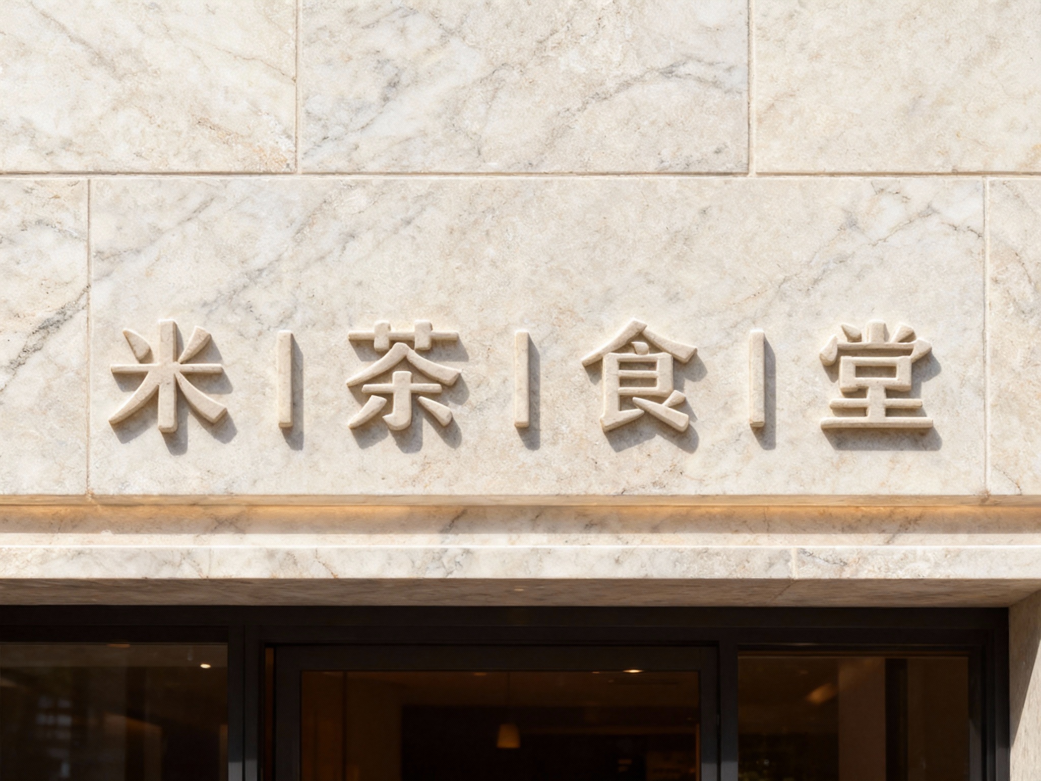 极简石材门头特写，天然大理石板材无缝拼接墙面，底板打磨光滑无接缝痕迹，LOGO以浅浮雕雕刻工艺呈现，表面做哑光防护涂层，白天侧光照射，石材质感温润，LOGO轮廓立体，适配高端餐饮/零售门店