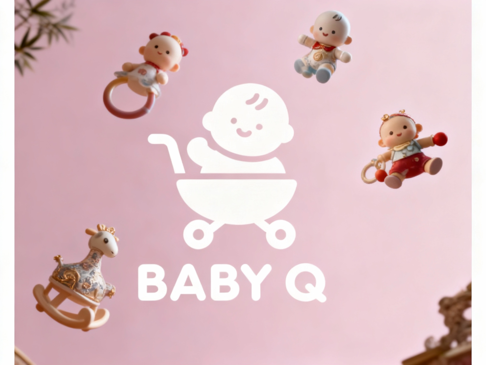 东方美学写实封面大片，几个精致的婴儿玩具漂在空中品牌色背景。整个画面呈现仰拍的摄影视角，将婴儿玩具形状与（将参考图中的LOGO）完美融合呈现，仿佛在讲述一个关于爱与成长的故事。
