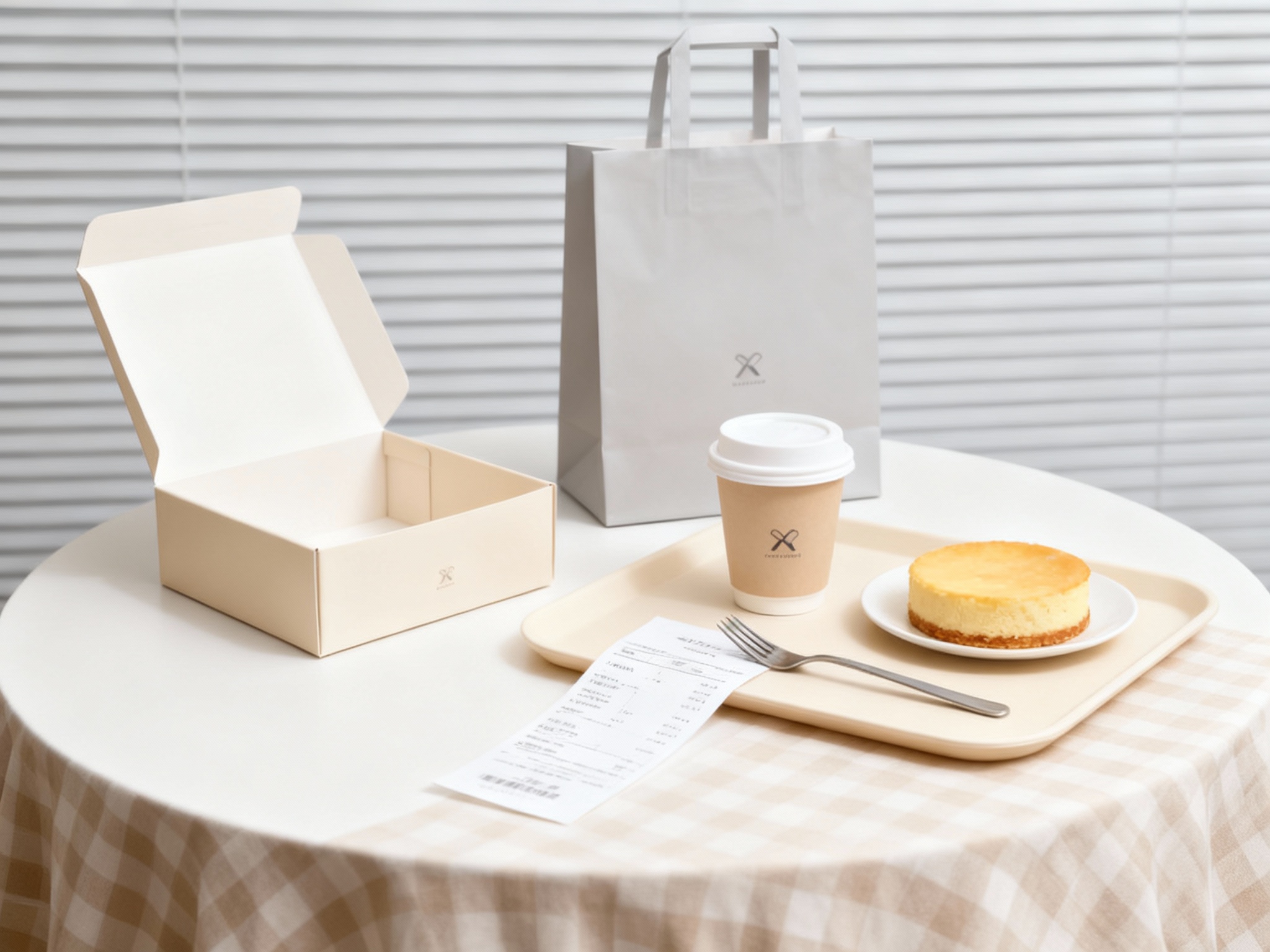 商业美食摄影，极简现代风格，柔和光线，白色圆形桌面铺米色格子桌布，背景浅灰色百叶窗，米色手提盒全开置于左侧，右侧米色托盘上，带白盖的咖啡杯与圆形芝士蛋糕并排，金属叉子横放盘边，浅灰色手提袋立在盒后，收据票平铺托盘中央。手提盒和咖啡杯上有品牌logo，构图对称均衡