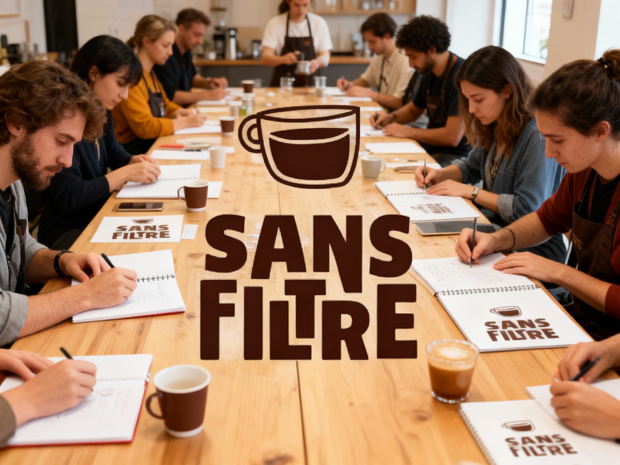 设计咖啡工作坊活动场景图。人们围坐在长桌旁，学习如何冲泡咖啡，桌上的笔记本和杯子都带有参考图中的SANS FILTRE，营造出既专业又亲近的品牌形象，确保SANS FILTRE自然融合。