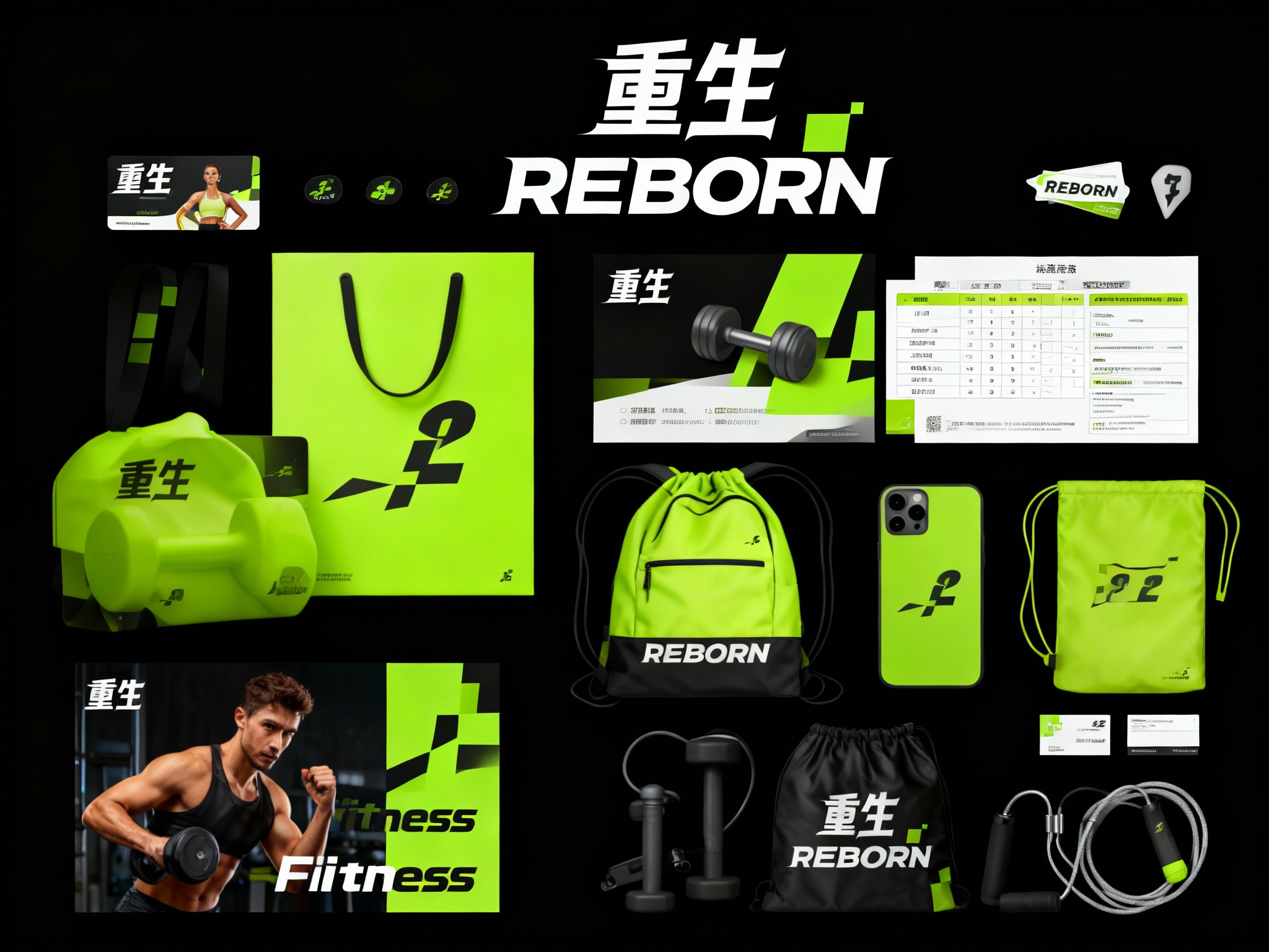 现代精致风格健身器材及用品包装展示，（将参考图中的LOGO保持一致不要出现变形）延续#品牌主色。画面第一排：从左到右是印有 （将参考图中的LOGO 保持一致不要出现变形） 和健身教练图案的宣传卡、小尺寸品牌标识贴纸 。​- 第二排：#品牌主色运动手提袋、大幅品牌主视觉卡片（哑铃图案 + 品牌LOGO（将参考图中的LOGO ）、课程表样式卡片 。​- 第三排：#品牌主色运动背包（印品牌名），手机壳（印品牌LOGO（将参考图中的LOGO ） ）。​- 第四排： “Fitness” 宣传卡（高级摄影高清健身教练形象图片）、运动器材收纳袋（印品牌LOGO将参考图中的LOGO ）、品牌卡片 ，物料围绕品牌名、健身器材（哑铃、跳绳等 ）