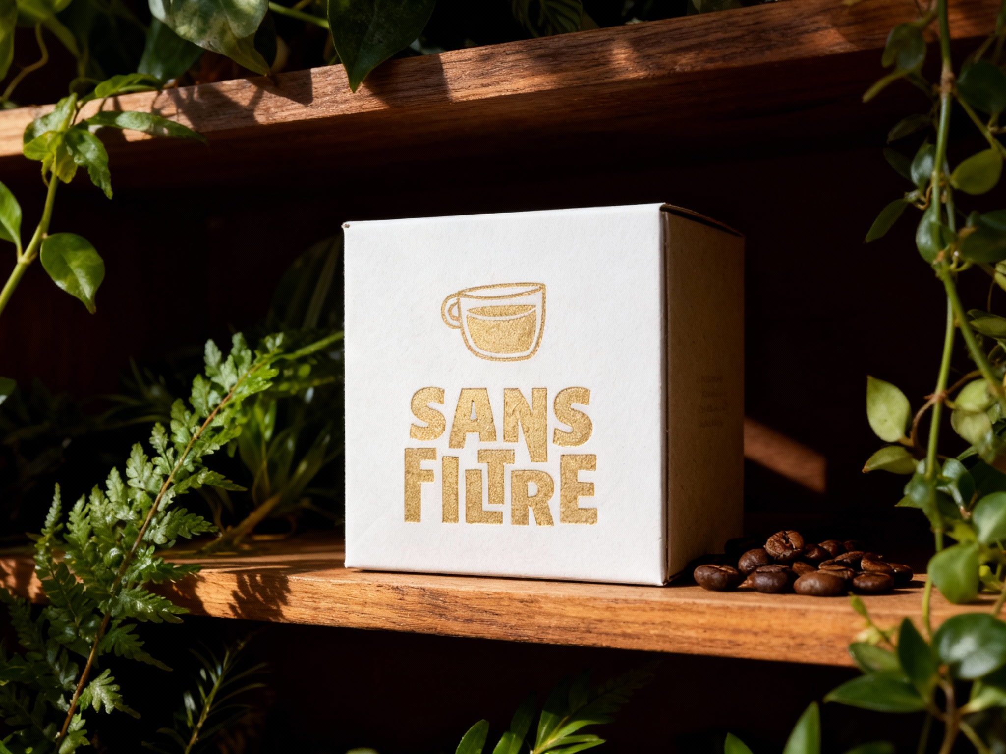 现代森系风格咖啡产品包装展示。包装盒采用环保牛皮纸或纯白卡纸，（智能提取参考图中的LOGO主体并去除原背景）采用烫金或压印工艺印在盒面上。包装盒与真实的植物、咖啡豆一同摆放在木质层架上。侧光照射，突出纸张的纹理和LOGO的工艺细节，展现自然环保的品牌理念。