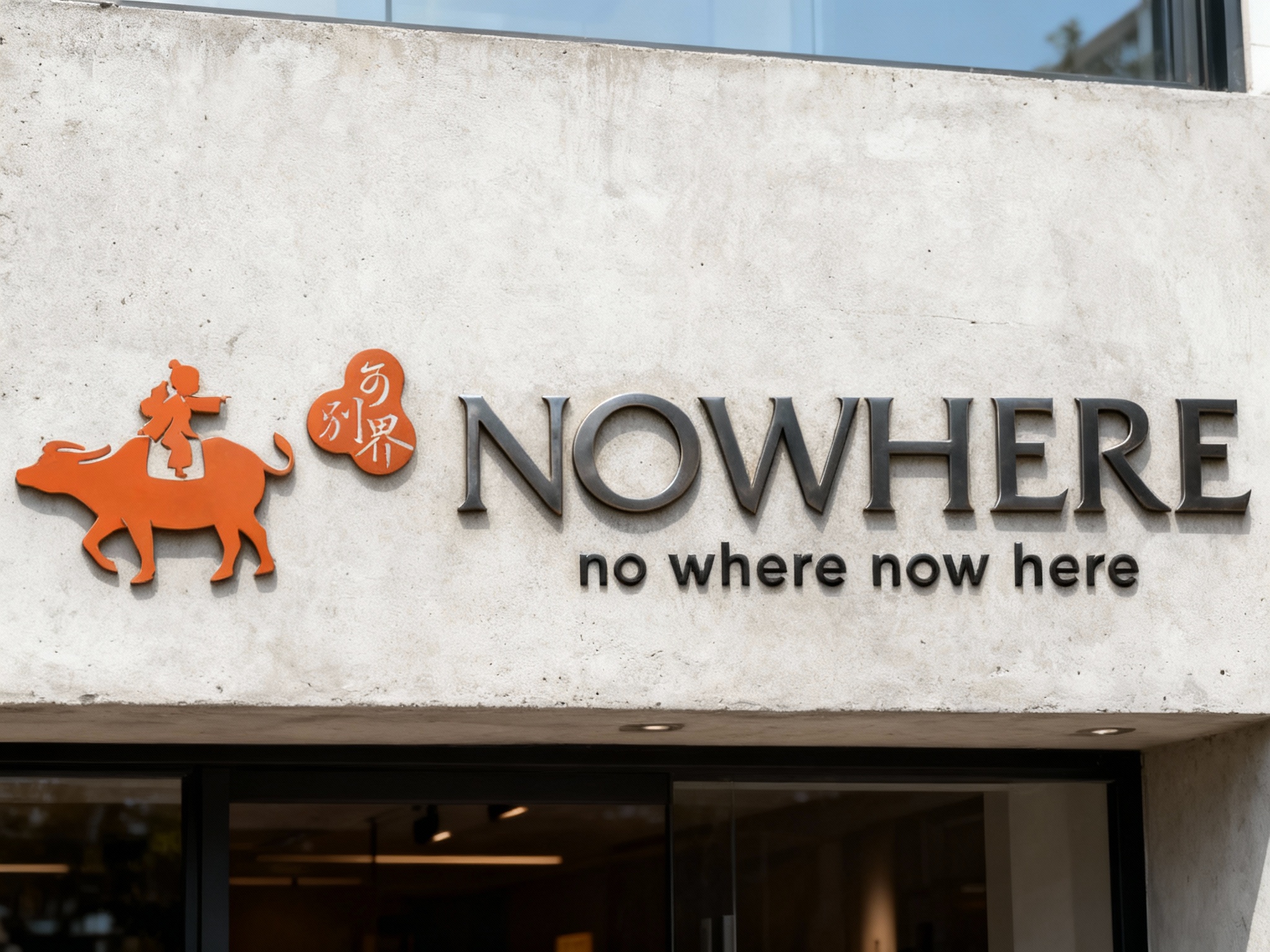 极简水泥漆门头特写，墙面采用艺术水泥漆平涂工艺，底板光滑无颗粒感，LOGO以哑光金属贴片嵌入式固定，无点焊痕迹，表面做防指纹处理，白天自然光下，水泥质感细腻与金属光泽形成对比，适配小众高端品牌门店