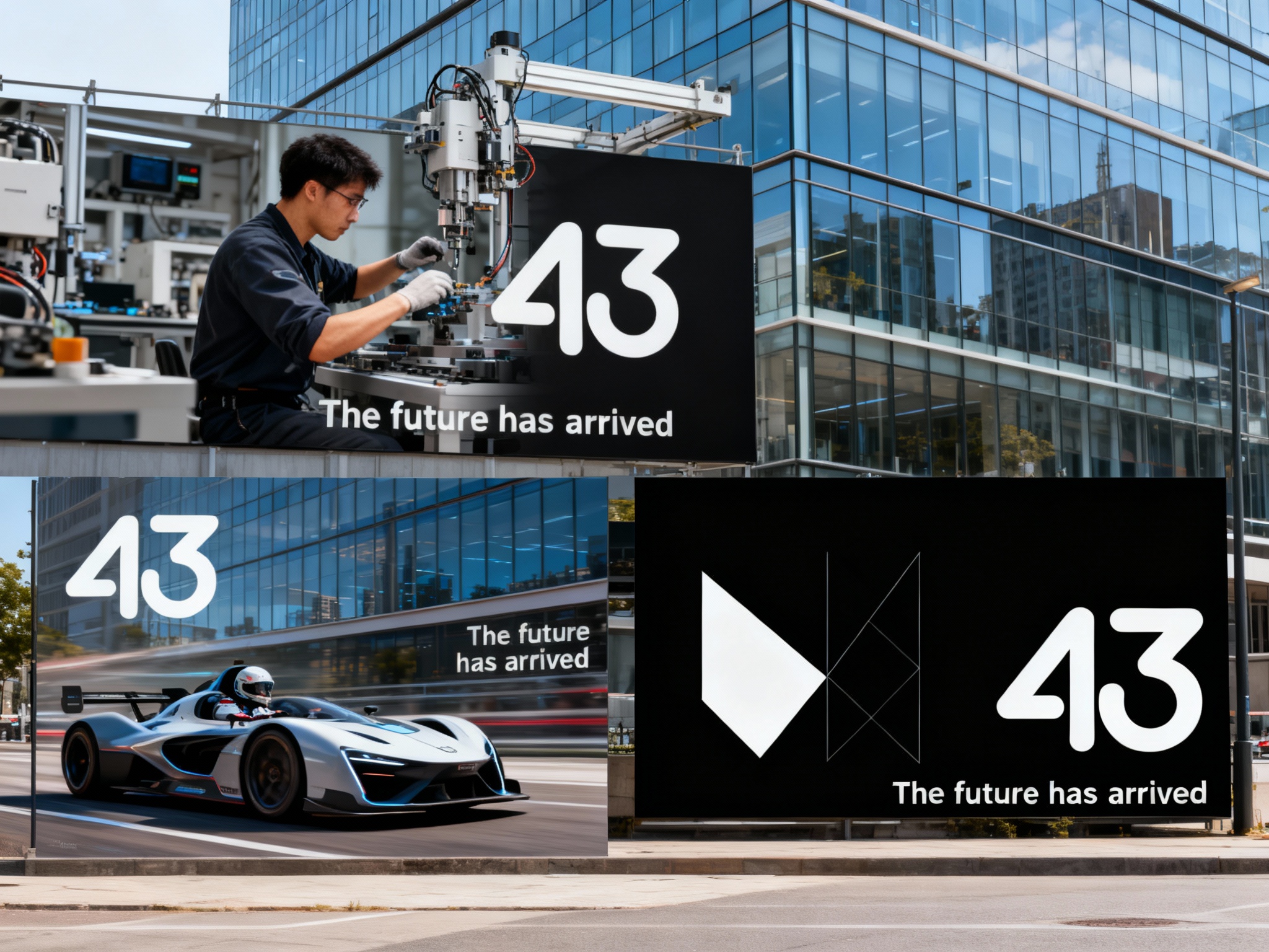打造一套科技领域的品牌户外广告系列，画面中突出其标志性的白色‘43’LOGO，以“The future has arrived”为核心主题，采用高饱和的#白色与#黑色搭配，科技感视觉语言。画面包含三类场景：AI科技人在精密车间专注工作的特写、电动赛车手驾驶未来感车型的动感画面、抽象几何箭头符号的品牌识别元素。背景搭配现代玻璃幕墙建筑的都市环境，整体呈现专业、创新的工业设计风格，突出汽车产业的工程技术与电动化趋势。