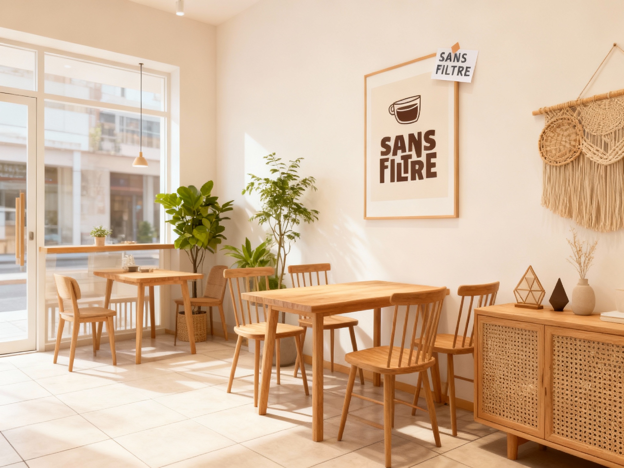 生成INS风格店内空间渲染图。使用浅色地砖、原木桌椅搭配绿植、藤编装饰及几何摆件点缀，创造出一个松弛舒适的环境。墙上挂着的插画右上角贴着参考图提取的SANS FILTRE，让其自然融合于整个温暖而明亮的空间中。