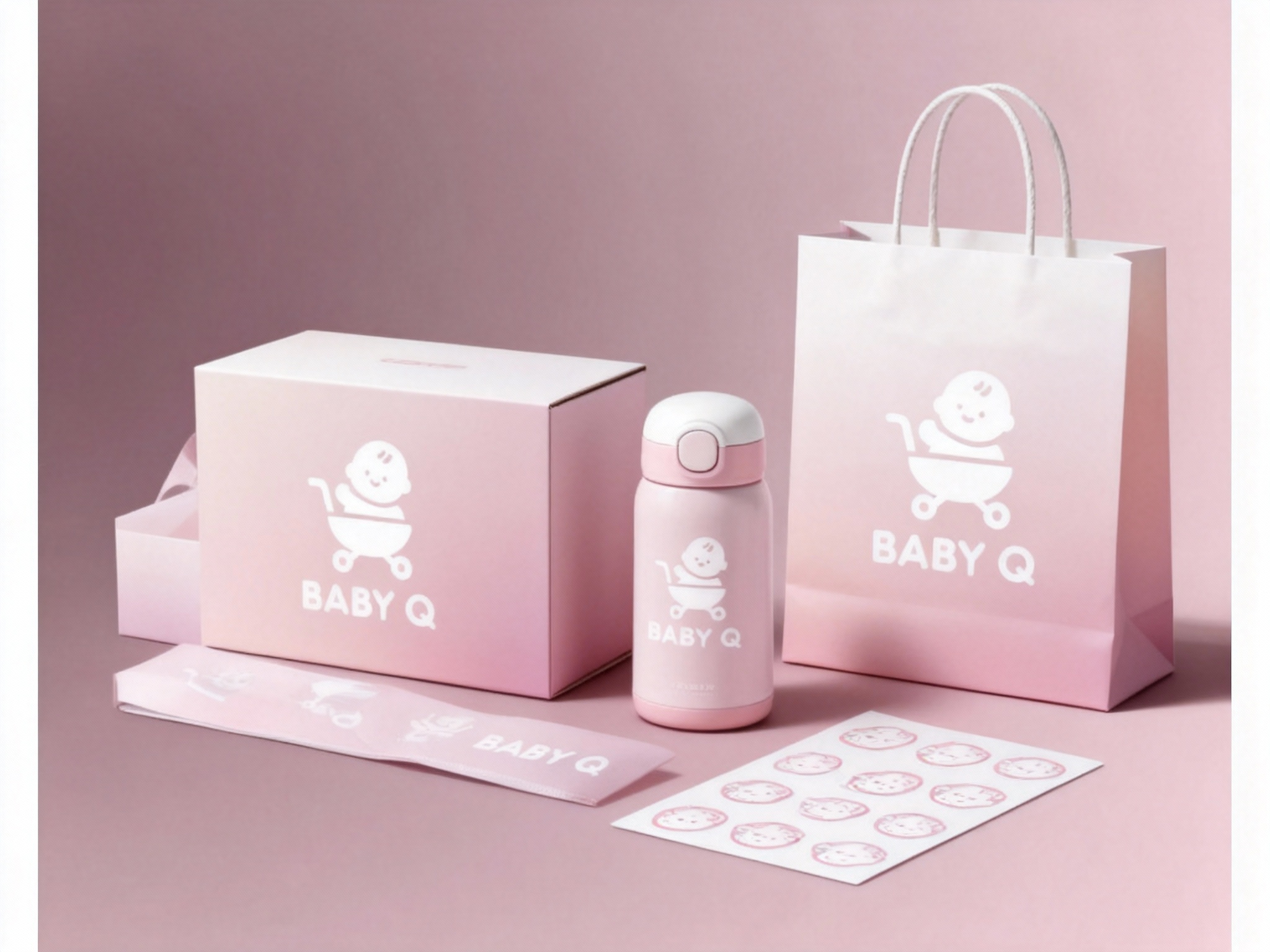 生成品牌周边展示图，如礼盒、婴儿保温杯、手提袋、贴纸等，（将参考图中的LOGO）在各周边产品上合理呈现，延续品牌配色，造型简约高级，适合礼赠与品牌延展。