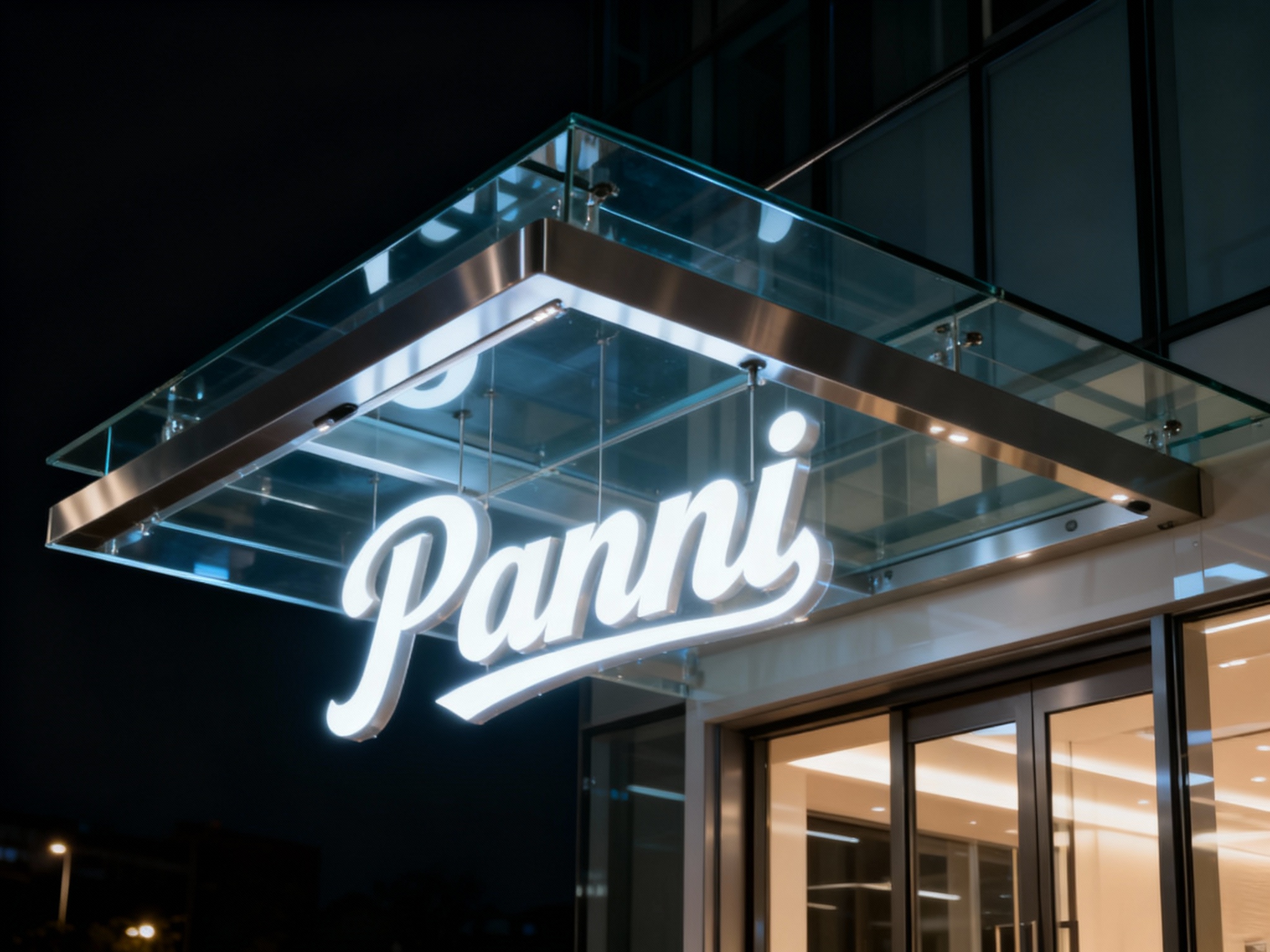 玻璃雨棚一体门头特写，超白玻璃雨棚采用无影胶无缝拼接，搭配哑光不锈钢隐藏式支架，底板通透无支架外露，LOGO以悬浮式发光字安装于雨棚下方，无悬挂连接件，黑夜场景，灯光照亮LOGO与雨棚边缘，整体通透大气