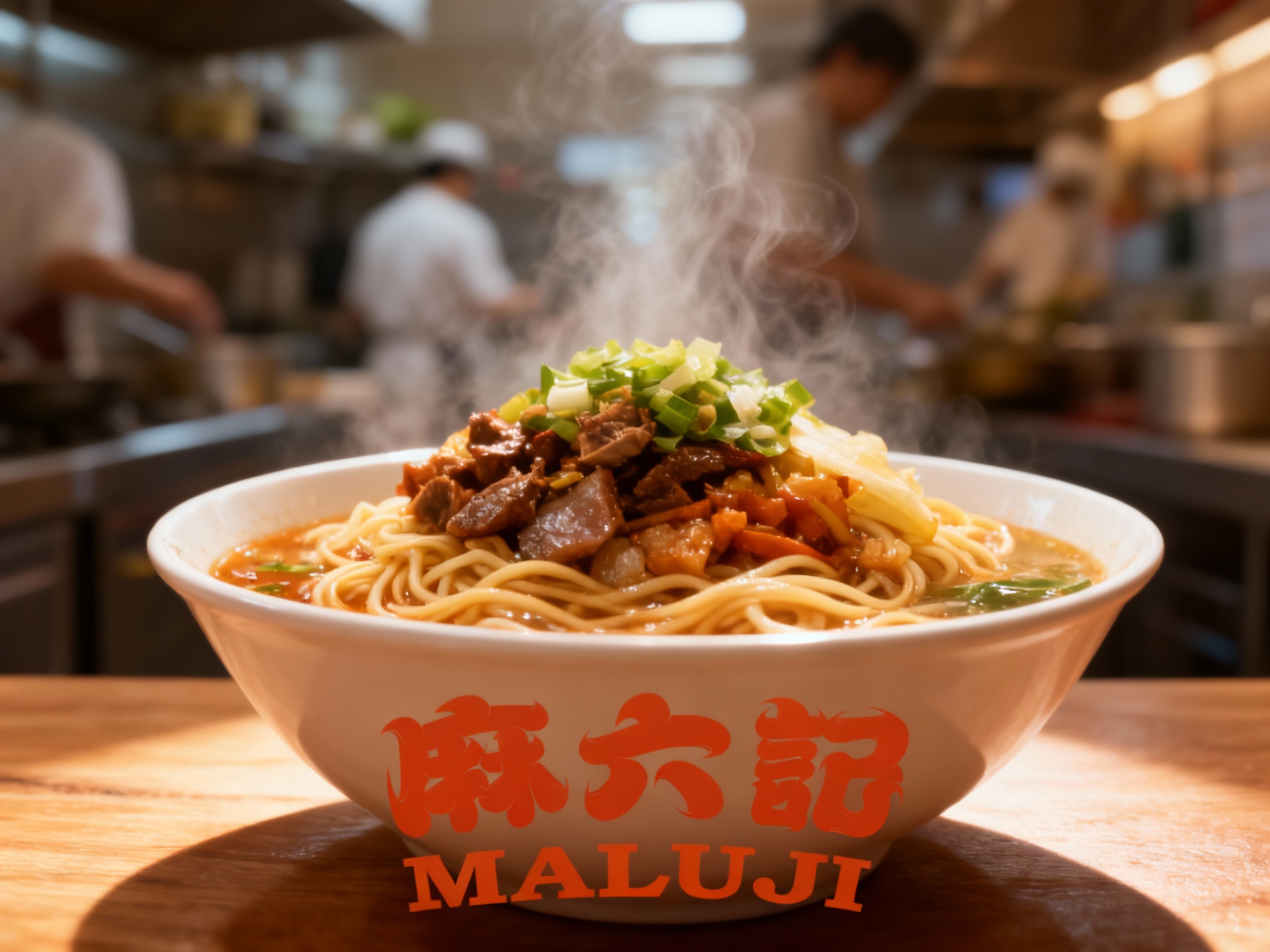 门店新品尝鲜海报。背景是虚化的厨房忙碌场景，前景聚焦在一碗新推出的拌面或汤面上，食材堆叠丰富。碗边的桌面上刻有或印有（智能提取参考图中的LOGO主体并去除原背景）。蒸汽缭绕，光线重点照亮食物，视觉冲击力强，让人垂涎欲滴。