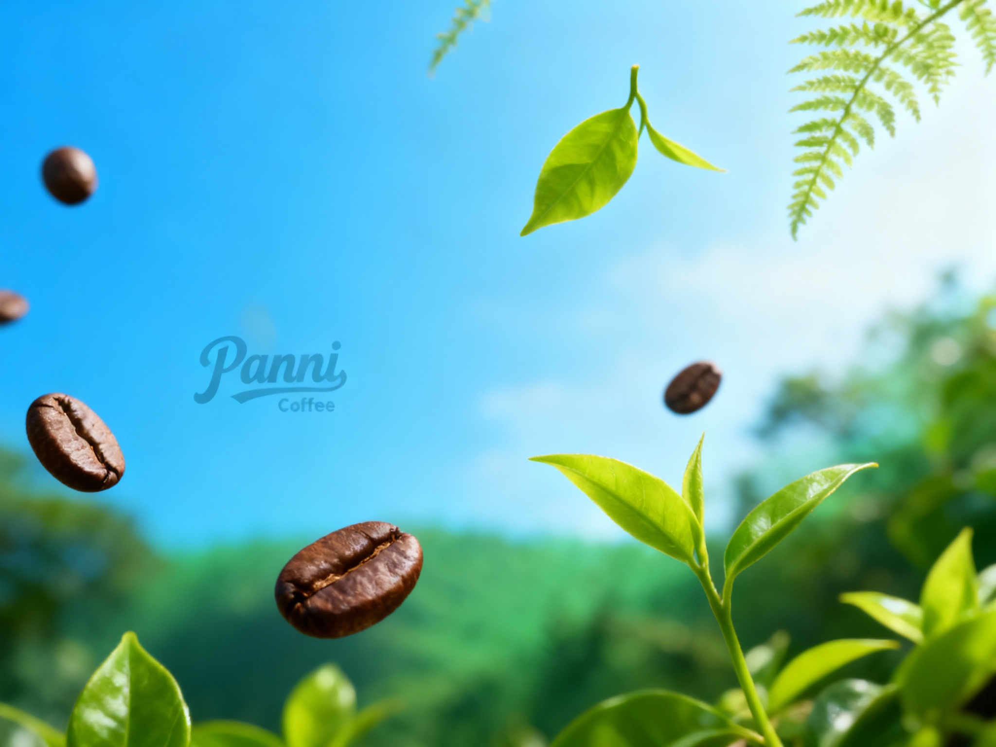 东方森系美学封面大片，几粒精致的咖啡豆和几片嫩绿的茶叶或蕨类叶片漂浮在空中，背景是清新的天空蓝或森林绿渐变。Panni Coffee LOGO以水印形式融入背景，仰拍视角，画面通透灵动，仿佛咖啡豆在森林中呼吸，讲述关于自然与纯粹风味的故事。
